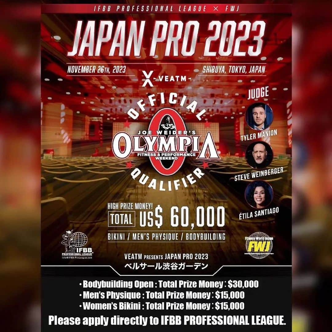 Hidetada Yamagishiさんのインスタグラム写真 - (Hidetada YamagishiInstagram)「Who’s coming to Tokyo?  Repost from @ifbb_pro_league_japan_pro • IFBB Professional League Pro Show ～VEATM PRESENTS～ 『JAPAN PRO 2023』Sep.26 https://www.ifbbpro-japan.com/contests/japan-pro/  Please apply directly to IFBB PROFESSIONAL LEAGUE.  【Prize Money】 Total Prize Money：$60,000 ・Bodybuilding Open : Total Prize Money：$30,000 ・Men’s Physique : Total Prize Money：$15,000 ・Women’s Bikini : Total Prize Money：$15,000  @ifbb_pro_league @mrolympiallc @npcnewsonlineofficialpage  Title sponsor @veatm_official  #fwj #evolgear #naturecan #veatm #gym #training #workout #fitness #TOKYO #JAPAN #IFBBPRO #muscle #EXPO #olympia」9月20日 21時34分 - hideyamagishi