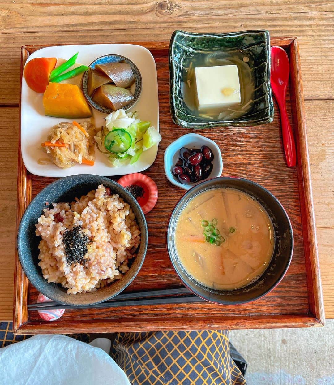 和田美枝のインスタグラム：「はじめて食した、呉汁🥢  ずっと食べたかった寝かせ玄米🍚  1品1品、カラダが喜ぶ美味しいお味ょ〰️  #直島 #玄米定食 #ビーガン料理」