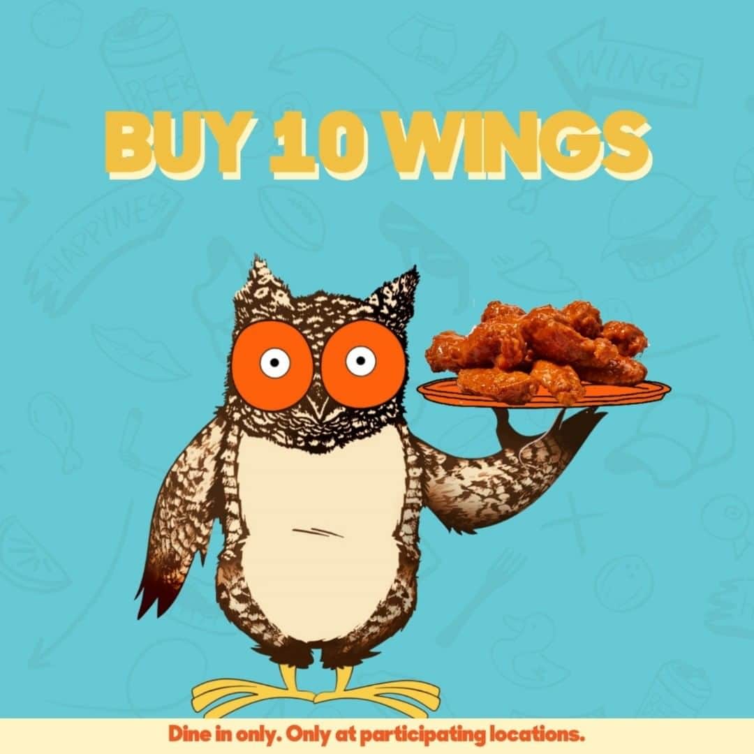 Hootersのインスタグラム：「Hootie is doubling the fun today with Buy 10 Get 10 Wings. Twice the flavor and fun, half the price. What flavors are you picking?」