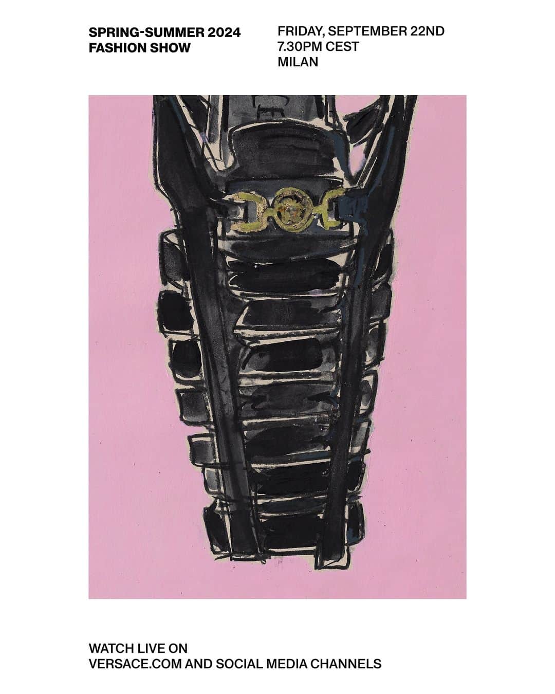 ジャンニヴェルサーチのインスタグラム：「Artist and fashion illustrator, Jessica Rose Bird, interprets new designs from the upcoming Spring-Summer 2024 fashion show.  Watch the fashion show live on Friday, September 22nd at 7.30PM CEST on Versace.com and social media channels.  #VersaceSS24」