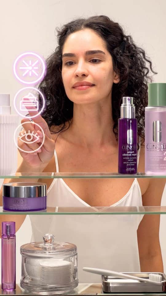 のインスタグラム：「Who’s the Smartest of them all? (The person who sticks to the right routine.)  If you’ve got de-aging on the brain, repeat these three simple steps twice a day: with Clinique Smart Clinical Repair:  💜 Wrinkle Correcting Serum:  Our top retinoid serum helps resurface skin and delivers Derm level results.   💜 NEW Lifting Face + Neck Cream:  100% show a more lifted-looking face + neck*—and we’ve got the before and afters to prove it.   💜 Wrinkle Correcting Eye Cream:  Visibly smooths delicate eye skin with help from multi-peptides.  #NewFromTheCliniqueLab #SmartLiftingCream #SmartWrinkleSerum #SmartWrinkleEyeCream #DermTested #SafeForSensitiveSkin #SkincareRoutine #AntiAgingSkincare  *Clinical testing on 36 women after using product for 12 weeks.」