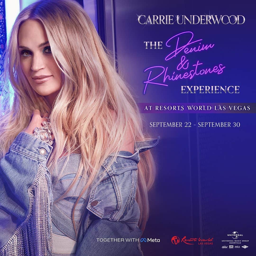 キャリー・アンダーウッドのインスタグラム：「Come visit “The Denim & Rhinestones Experience” in front of the @resortsworldtheatre from September 22-30 and have your photo taken in immersive displays themed to songs from #DenimAndRhinestones (Deluxe Edition) such as “Crazy Angels” and “Out Of That Truck!” Hope to see you there! 💜💎」