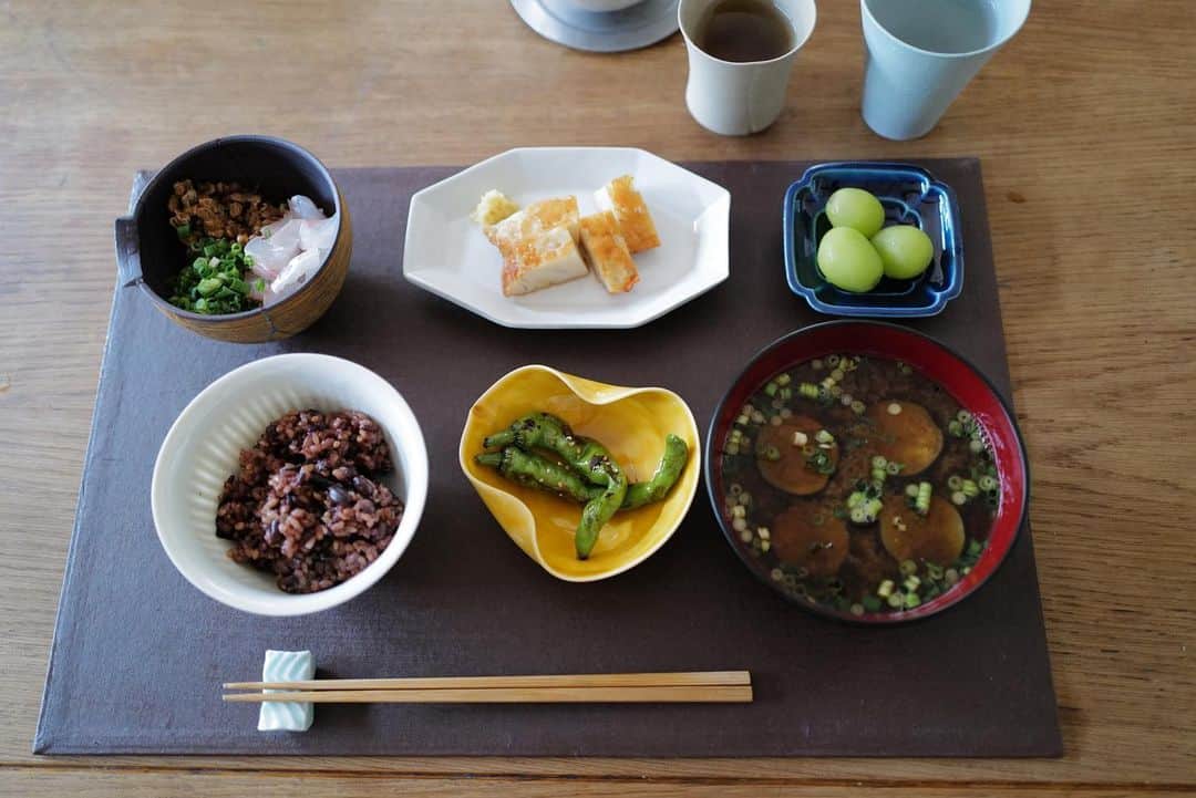 のインスタグラム：「今日の朝ごはんと 昨晩のごはん 素材はほぼ一緒😂  朝は発酵玄米に藁の天狗納豆に鯛の刻んだの ししとう よりどころのさつま揚げ シャインマスカット やっぱりおうちご飯が落ち着くな  先日お迎えした　@tebucuro さんのご飯茶碗🍚と 八角皿が気に入り  昨晩からお家の中にいるんじゃない？くらいの鈴虫の音色が して、朝リビング行ったら小さい子が居た  今日も降りそう☔️だけど佳きいちにちを👋🏻  #life #鎌倉暮らし #おうちごはん」