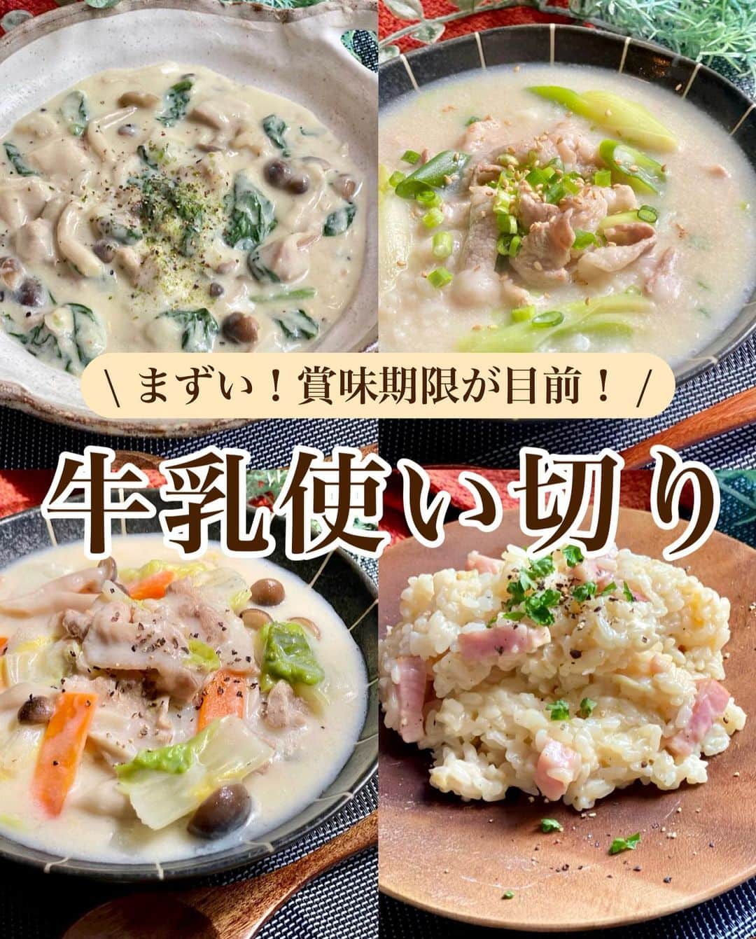 山本菜月のインスタグラム：「⁡ ⁡ ⁡ ⁡ ┈┈┈┈┈┈┈┈┈┈┈••✼ まずい！賞味期限が目前！ 牛乳使い切りレシピ ┈┈┈┈┈┈┈┈┈┈┈••✼  ⁡ ⁡ ⁡ こんにちは☀️ 菜月 @zubora_meshi_ です♩ ⁡ スーパーに買い出しに行ったわたし。 「牛乳、あったかな〜？」 「今日はないと困るし、買っとくか🤔」 ⁡ 帰宅したら...。 賞味期限が目前に迫った牛乳が あったー😱😱😱 しかも結構余っちゃってる。。。 ⁡ という事で 牛乳を大量消費できて 尚且つおいしい♡簡単♡なレシピを 和洋中バランス良く ご紹介させてください🤗 ⁡ どのレシピも牛乳→豆乳でも作れます♩ ⁡ 良かったらお試しください🥰🩷 ⁡ ⁡ ⁡ ⁡  ｡.ꕤ⌒⌒⌒⌒⌒⌒ꕤ⌒⌒⌒⌒⌒⌒ꕤ.｡  ⁡ ⁡ ⁡ ⁡ ⚫︎コムタン風クッパ 【材料2人分】 ごはん お茶碗2杯位 長ねぎ 1/2本 豚バラ肉 100g ごま油 小さじ1 ⚫︎水 400cc ⚫︎コンソメキューブ 1個(小さじ2弱) ⚫︎鶏がらスープの素 小さじ2 ⚫︎にんにくチューブ 小さじ1/2〜1 ⚫︎しょうがチューブ 小さじ1/2 豆乳(もしくは牛乳) 100cc ⁡ 【作り方】 ①鍋にごま油をひき 　豚バラ(2cm幅)と長ねぎ(1cm幅)を入れ 　長ねぎがしんなりするまで炒める。 ②⚫︎を加え、ふつふつとしてきたら 　ごはんを入れてサッと混ぜる。 ③弱火にし、豆乳を加え 　軽くかき混ぜて全体が馴染めば完成。 ⁡ 【メモ】 器に盛り付けたあと、小葱と白胡麻をふりました。 でき次第、すぐに召し上がってください。 ごはんがスープを吸ってしまいます。 豆乳は牛乳で代用可能です。 ごはんは冷蔵(冷凍も◎)していたものを使用しました。 炊き立ての場合は③のタイミングで入れると良いと思います。 ⁡ ⁡ ⁡ ＊＊＊ ⁡ ⁡ ⁡ ⚫︎チーズリゾット 【材料2人前】 ごはん 1合分 たまねぎ 1/4個 ベーコン 50g にんにく 1片 オリーブオイル 小さじ2 ピザ用チーズ 20〜30g 牛乳 150ml 味噌 小さじ1 塩胡椒 適量 ⁡ 【作り方】 ①フライパンにオリーブオイルをひき 　にんにく(みじんぎり)を香りが立つまで炒める。 ②ベーコン(1cm幅)と玉ねぎ(みじんぎり) 　を入れて、しんなりするまで炒める。 ③牛乳、味噌を入れて弱火で加熱し 　全体をなじませる。 ④ごはんを入れて混ぜたら 　チーズ、塩胡椒を入れて更に混ぜる。 ⑤器に盛り付けて完成。 　お好みでパセリ、黒胡椒をふる。 ⁡ ⁡ ⁡ ＊＊＊ ⁡ ⁡ ⁡ ⚫︎鶏のクリーム煮 【2人分】 鶏もも肉 200g (小さめに切る) ほうれんそう 2株 (3cm幅) ぶなしめじ 1/2袋 (石突き切る) 牛乳 300ml 薄力粉 大さじ4 コンソメ 小さじ2 塩胡椒 少々 ⁡ 【作り方】 ①ハサミで食材の下処理をし、材料すべてボウルに入れたら良く混ぜ、ふわっとラップをして600w8分加熱する。 ②良く混ぜてとろみが付いたら完成。 ⁡ 【メモ】 ほうれん草のアクが気になる方は水に5〜10分程度さらしてください。 鶏肉の火入りが心配な方はなるべく小さめに鶏肉をカットすると心配がありません。 ⁡ ⁡ ⁡ ＊＊＊ ⁡ ⁡ ⁡ ⚫︎豚野菜の中華クリーム 【2人分】 豚バラ肉 150g (3cm幅に切って塩胡椒をふる) 白菜 1/8個 (芯1cm葉2cm幅にきる) にんじん 1/3本 (短冊切り) しめじ 1/2袋 (石突きをとる) サラダ油 大さじ1/2 水 200ml ⚫︎顆粒だし 小さじ1 ⚫︎鶏がらスープの素、砂糖 大さじ1 牛乳 200ml 片栗粉 大さじ1と1/2(倍量の水で解く)   【作り方】 ①フライパンに油を熱し 　豚バラ肉を火が通るまで炒める。 ②白菜、にんじん、しめじ、水、⚫︎の順に入れ 　フタをして中火で5分加熱する。 　※画像では⚫︎が抜けてしまっていますが、ここで入れてください🙇 ③ざっくり混ぜて、牛乳を加え 　沸々してきたら水溶き片栗粉で 　とろみをつける。 ⁡ 【メモ】 召し上がる前にお好みで粗挽き胡椒を振っても◎ 豚バラは豚こまでも作れます。 ⁡ ⁡ ⁡  ｡.ꕤ⌒⌒⌒⌒⌒⌒ꕤ⌒⌒⌒⌒⌒⌒ꕤ.｡  ⁡ ⁡ ⁡ 【 レシピ本が完成しました 】 ⁡ ⁡ ⁡ 📙書籍タイトル ┈┈┈┈┈┈┈┈┈┈┈┈┈┈┈┈┈┈ もはや動けないって時はこれつくろ! とびきり美味しい疲れ果てごはん ┈┈┈┈┈┈┈┈┈┈┈┈┈┈┈┈┈┈ ⁡ 夫と二人暮らし、共働きの現状です。 " 疲れ果て " て帰宅してからでも「これなら作るか」と思えるレシピを作りました。 働く女性や、子育て中のパパさん、ママさんなど多くの がんばる人 に寄り添う内容になっています。 ⁡ ⁡ ⁡ 🌼発売日  : 2023年9月27日(水) 　ご予約された方は、上記の日付にお届けされる予定です(お住まいの地域によって変動あり) ⁡ ⁡ ⁡ 🚗ご予約  : Amazon・楽天ブックスにて開始中 ⁡ ⁡ ⁡ 🔍ご予約方法  :  わたしのプロフィールリンク 　もしくはハイライト【書籍ご予約】に 　ご予約リンクを貼っています♩ ⁡ ⁡ ⁡  ＊NATSU KITCHEN ＊」