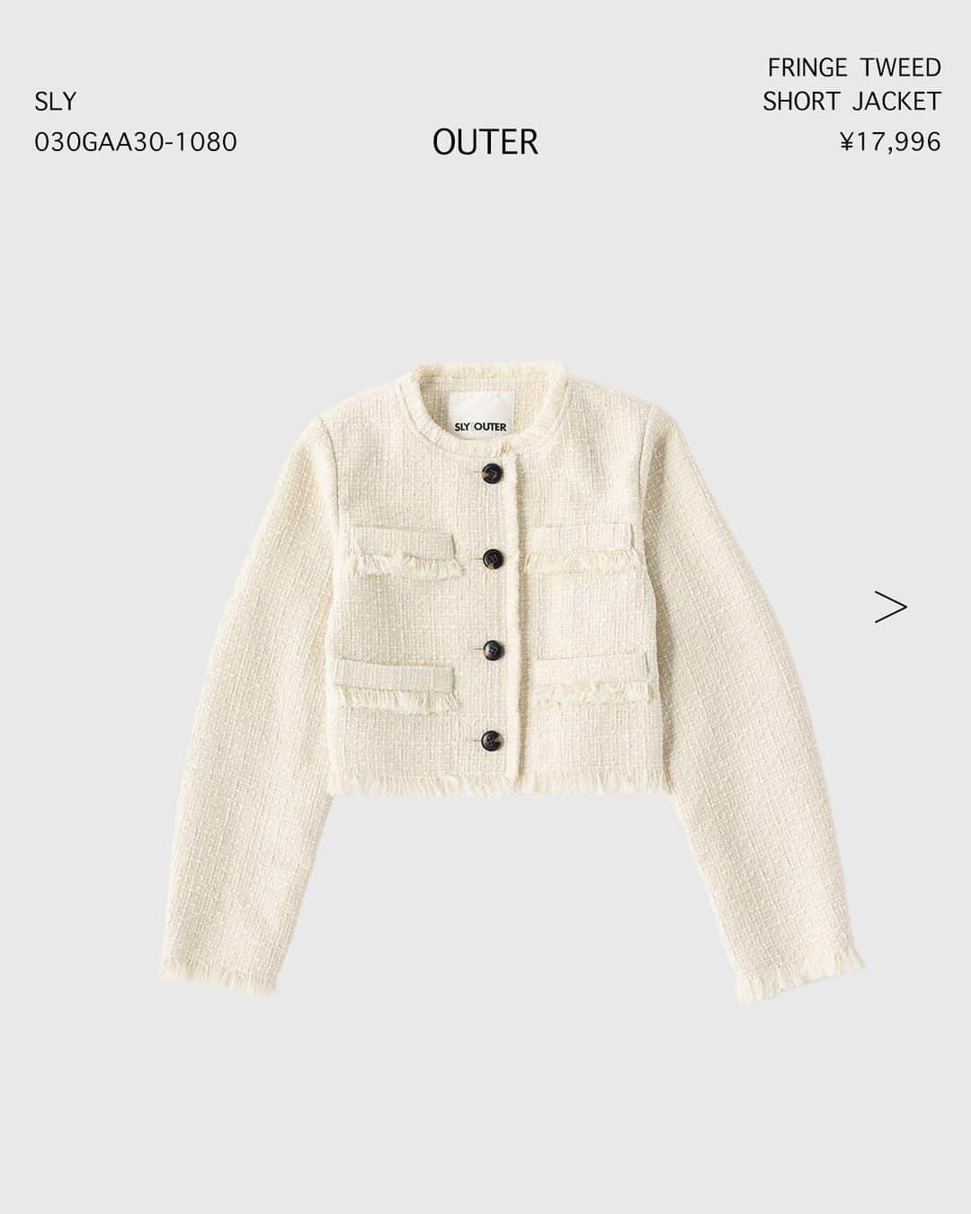 SHEL'TTER WEB STOREさんのインスタグラム写真 - (SHEL'TTER WEB STOREInstagram)「【NEW IN】 - OUTER -  ━━━━━━━━━━━━━━━━  【MOUSSY】FAUX LEATHER DETACHABLE ジャケット ¥22,990 tax in Size：1,2 Color：BLK,D/BRN,L/BEG No：010GAG30-5160 ※発売中  【SLY】REVERSE SEAM ZIP CROP SW トップス ¥6,996 tax in Size：FREE Color：O/WHT,BLK,BRN No：030GAY80-2260 ※発売中  【SLY】FRINGE TWEED ベスト ¥15,994 tax in Size：FREE Color：Multi,IVOY,BLK No：030GAA30-1090 ※発売中  【SLY】FRINGE TWEED SHORT ジャケット ¥17,996 tax in Size：FREE Color：IVOY,BLK,Multi No：030GAA30-1080 ※発売中  【SLY】WASHABLE HG V／N CROP カーディガン ¥7,700 tax in Size：FREE Color：BLU,IVOY,BLK,LIME,D/BRN,T.GRY No：030GAY70-1540 ※発売中  気になるアイテムは画像をタップまたは  プロフィールのサイトURLをクリック✔  ━━━━━━━━━━━━━━━━  #SHELTTERWEBSTORE #SWS #MOUSSY #SLY  #newin #2023AW #autumn2023 #leatherjacket #cropped #tweedjacket #cardigan #shortjacket  #新作 #アウター #ジャケット #レザージャケット #クロップド丈 #ショートジャケット #ツイードジャケット #カーディガン #ベスト #ツイード #スウェット」9月21日 20時28分 - sheltterwebstore