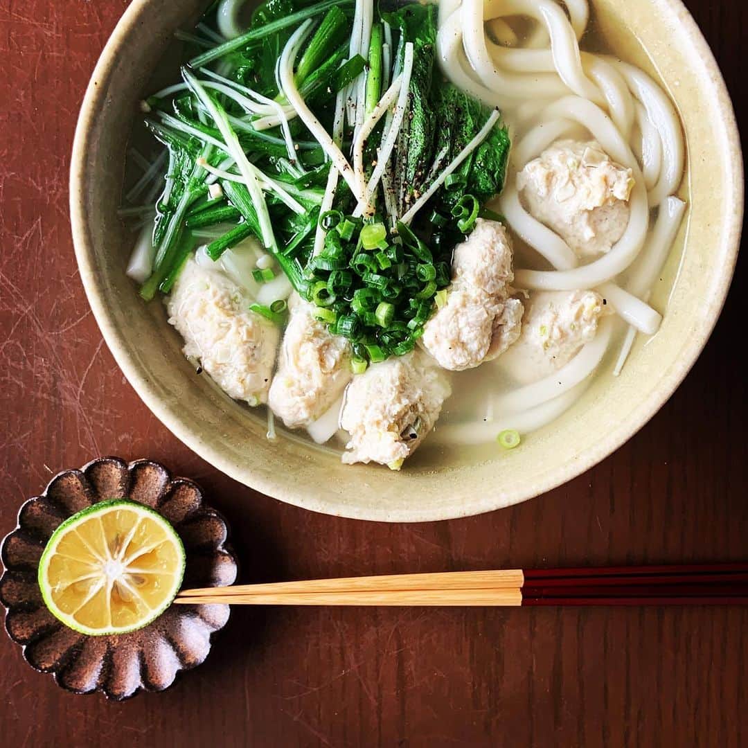 志摩有子さんのインスタグラム写真 - (志摩有子Instagram)「昨日の鶏団子を残しておいて、お昼ごはんにうどんにリメイク。水菜、ニラ、エノキもそのまま利用。これが食べたくてわざと多めに仕込む説あり。鶏団子に食べるラー油とかぼすを絞ればまたうまし。  #搾菜鶏団子鍋  #鶏団子スープうどん #鍋のリメイク #1日経ってさらに搾菜の旨みが」9月21日 13時13分 - ariko418