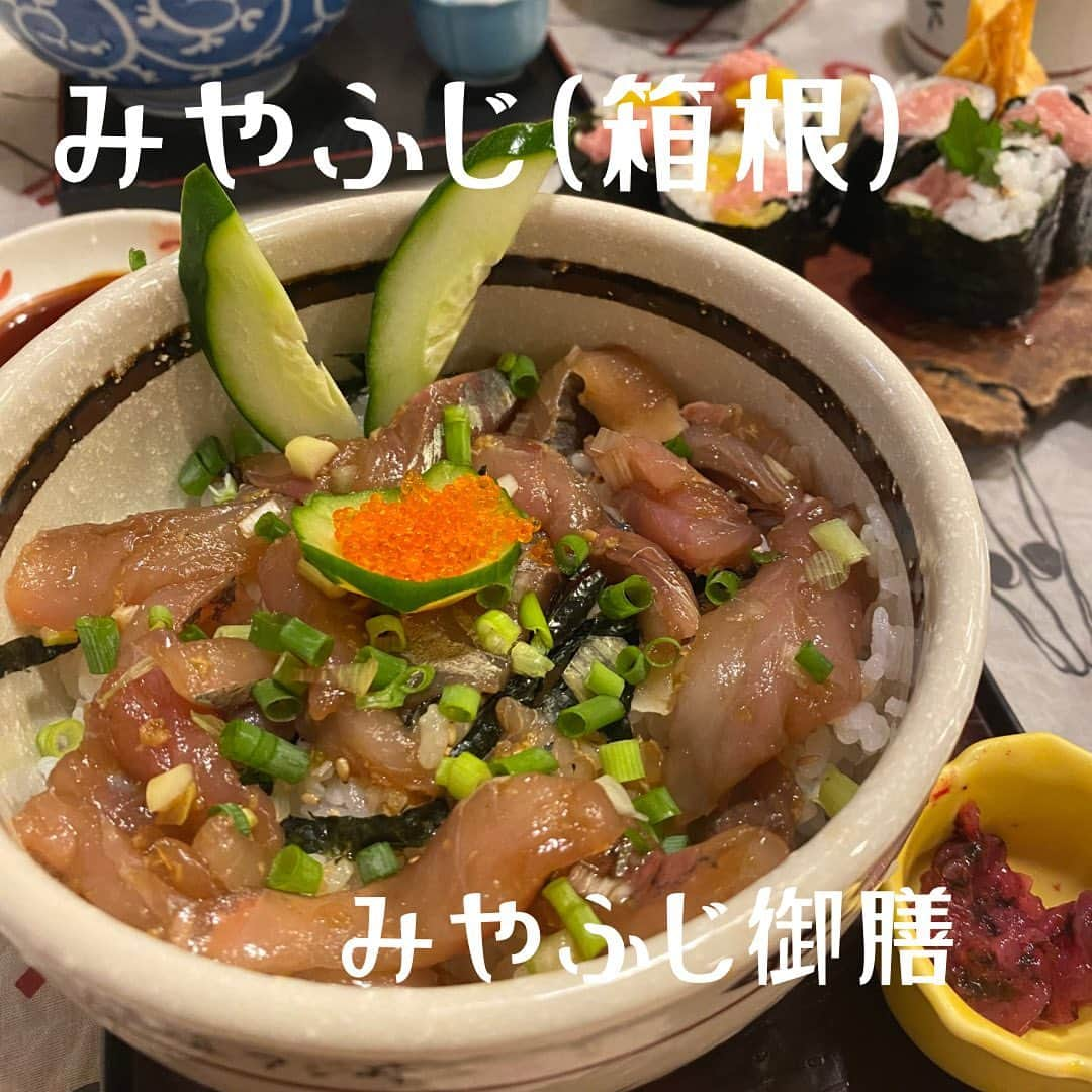 加賀美翔のインスタグラム：「【みやふじ　箱根】  元祖アジ丼のお店へ🚗 アジ丼もおいしかったけど巻物も美味しかった🤤  #みやふじ　#元祖アジ丼　#みやふじ御膳 #箱根ランチ　#箱根グルメ　#箱根」