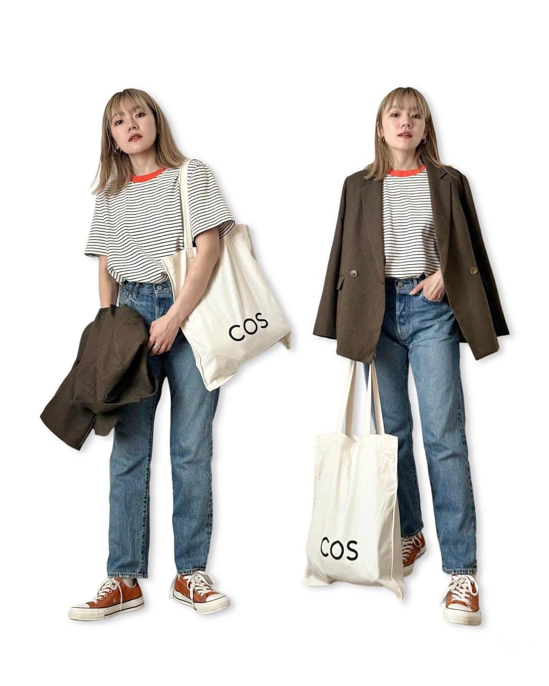 かほこ。のインスタグラム：「ㅤㅤㅤㅤㅤㅤㅤㅤㅤㅤㅤㅤㅤ ㅤㅤㅤㅤㅤㅤㅤㅤㅤㅤㅤㅤㅤ jacket : #journalstandardrelume top & bag : #cos denim : #shinzone sneakers : #converse ㅤㅤㅤㅤㅤㅤㅤㅤㅤㅤㅤㅤㅤ まーーーーーだまだ暑い🥵 ので、半袖に軽いジャケットをプラスして秋っぽく。 ㅤㅤㅤㅤㅤㅤㅤㅤㅤㅤㅤㅤㅤ Tシャツのオレンジがポイントなので、スニーカーもオレンジのコーデュロイで合わせました🍊 ㅤㅤㅤㅤㅤㅤㅤㅤㅤㅤㅤㅤㅤ 太ったらズボンぎちぎちになってまった、痩せなかん ㅤㅤㅤㅤㅤㅤㅤㅤㅤㅤㅤㅤㅤ #kaho_fashion」