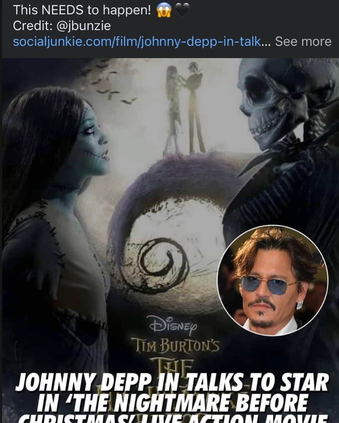 ジェシカ・ヴィルのインスタグラム：「I’m so honored to be starring in the live action The Nightmare Before Christmas as Sally alongside @johnnydepp as Jack Skellington 🥀🖤 thank you @timburton and @disneystudios for the opportunity and faith in my vision 🙏🏼🎃🎃🎃🎃bahahahaha kidding… it’s too funny (and also surreal) seeing my concept poster continue to make it’s rounds on the news even though I’ve already publicized that it’s fan-made and not a real poster. Luckily some outlets - like this one - have revised their articles and clarified that later…  I don’t believe they are going to make this film for a number of reasons that would stop it from happening BUT if it ever does magically happen - I want IN as Tim’s production designer 😂🖤 my design is already being used in promo material for news outlets and everyone who’s falling for it- loves the look and my take on Jack so…umm…pretty please think of me if the time ever comes? 🎃✨🤷🏻‍♀️」