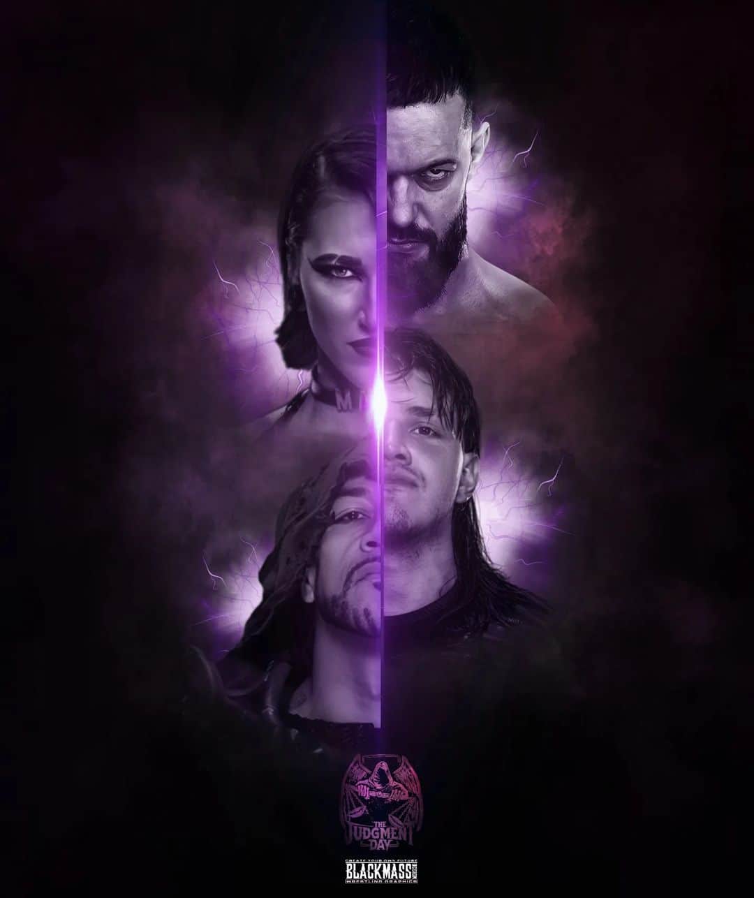 ファーガル・デヴィットのインスタグラム：「ALL RISE ! @finnbalor  @rhearipley_wwe  @dominik_35  @archerofinfamy  . . #judgmentday #rhearipley #finnbalor #damianpriest #dominikmysterio #dirtydom  . .  #wweraw  #prowrestling #wrestling #WWEFamily #frenchfan #BlackMassDesign #WWEFanart  #GraphicDesign #art #WWEUniverse #nxttakeover #romanreigns #therock #randyorton #brocklesnar #undertaker #wwe #wwenews #smackdown #smackdownlive🔵 #sdlive #wwesmackdownlive #wwesmackdown」