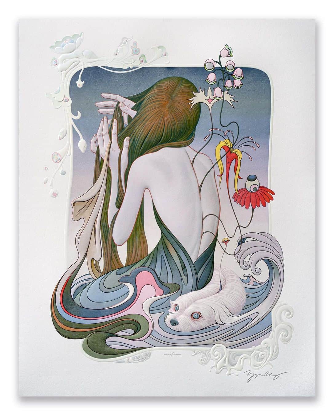 ジェームス・ジーンのインスタグラム：「Chine is a signed and numbered time-limited edition of giclée prints. The edition will be available for 24 hours starting at 8:00 AM PT on Tuesday, September 26 and ending at 7:59 AM PT on Wednesday, September 27. The edition is limited by the number of prints sold during those 24 hours and never reprinted. @jamesjeanstore   Energy courses through the spine like glucose through the stalk of a plant. It sprouts tendrils and flowers that reach for the light. My friend experienced a serious car accident that damaged her back, and through patience and prayer, her body slowly healed itself. Fragile yet strong, the body is a tangle of contradictions. Such is also the contradiction in printmaking: the slicing of sharp blades and the acupressure of metal dies into the soft cotton rag paper. The paper, like skin, absorbs the ink into its fibers, staining the cellulose with pigments from the earth. Chine features a dimensional and intricate framing element that is carefully integrated into the sculpted image, transforming the print edition into a new work evolved from the original painting.」