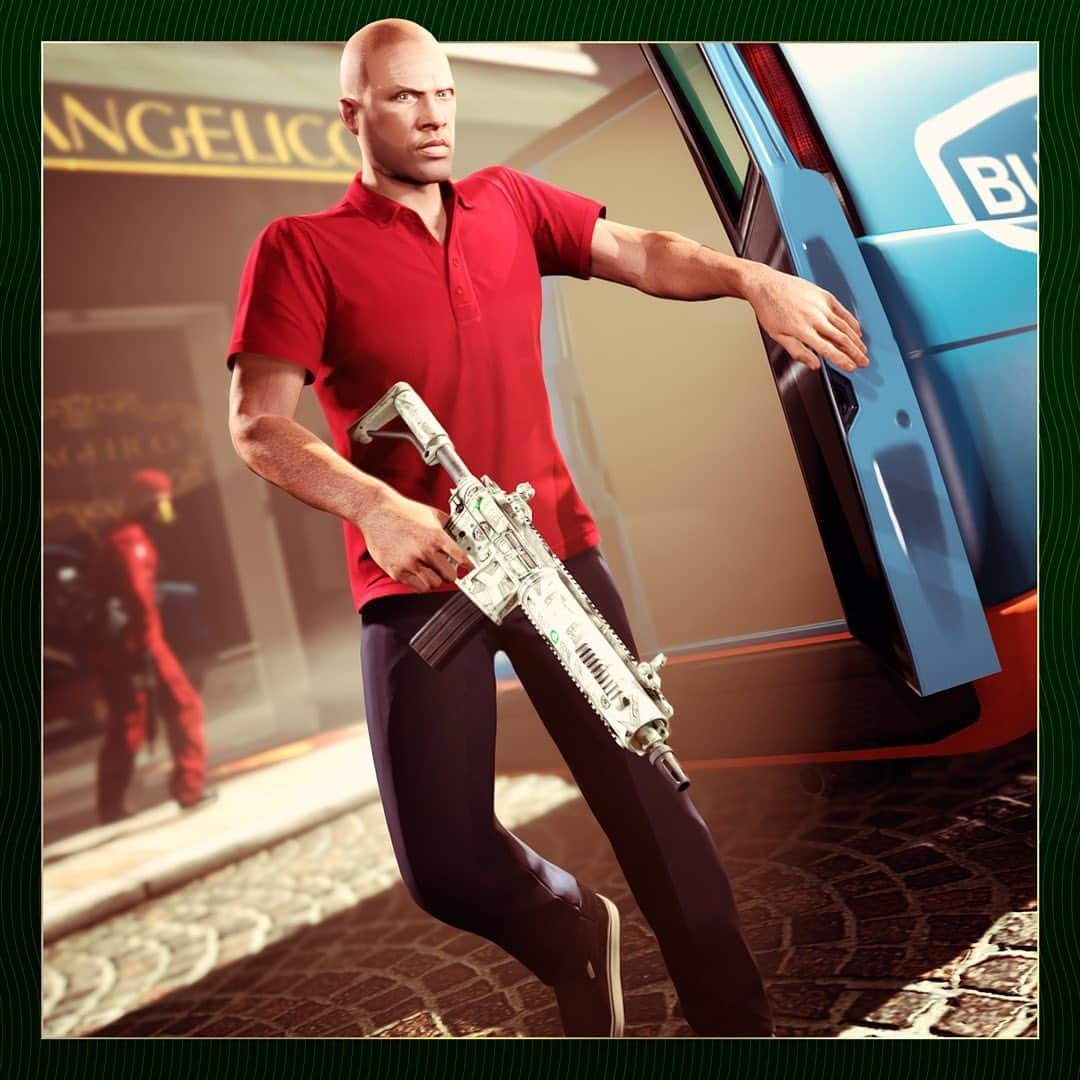 ロックスター・ゲームズのインスタグラム：「Celebrate 10 years of GTAV with outfits and weapon finishes inspired by Michael, Franklin, and Trevor in GTA Online.  Get The Retired Criminal, The Homie, and The Groupie outfits along with Employee of the Month, Suede Bucks, and Uncle T weapon finishes.  Visit the Rockstar Newswire via the link in our bio for more information.」