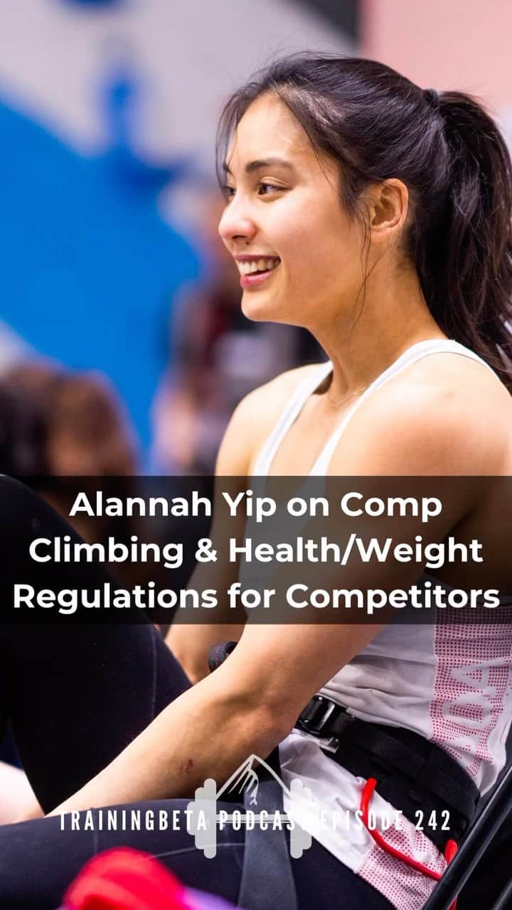 アラーナ・イップのインスタグラム：「🔥 BRAND NEW PODCAST EPISODE!  Alannah Yip on her World Cup Training and the Climbing Community’s Weight Problem: Episode 242  Alannah (@alannah_yip) is a Canadian professional competition climber who won a gold medal at the American Climbing Championships 2020 in Los Angeles, which qualified her for the 2020 Summer Olympics in Tokyo, where she took 14th in the combined event.  When Neely saw her Instagram post recently about wanting the IFSC to have more stringent regulations on climbers’ health & weight in order to be able to compete, she knew she wanted to have her on the podcast.  Weight & health monitoring among our top athletes in climbing is something she’s passionate about, and she thinks this topic is incredibly important to be talking about & taking action on.  It’s easy for climbers to go down the rabbit hole of “lighter is better” and end up with an eating disorder and RED-S (relative energy deficiency in sport), which can cause low bone density, hormonal imbalances, loss of menstruation, infertility, digestive issues, & more.  It’s a big deal and Neely was glad to see such a prominent person in the climbing community speaking up about it, as have several others including Janja Garnbret recently.  In the interview, they also talked about:  ➡️ Alannah’s personal struggle with an eating disorder at a young age ➡️ her physical training ➡️ her mental game and how she’s had to work really hard on it since the Olympics ➡️ her “hot mic moment” while commentating  They talk about what the Olympics meant to her and how she’s trying to qualify for them again in 2024, and then how she’s planning to retire from comp climbing after that.  This was a really engaging interview with an incredibly thoughtful and intelligent person. We loved it and we hope you do, too.  Find the episode wherever you listen to your podcasts.」
