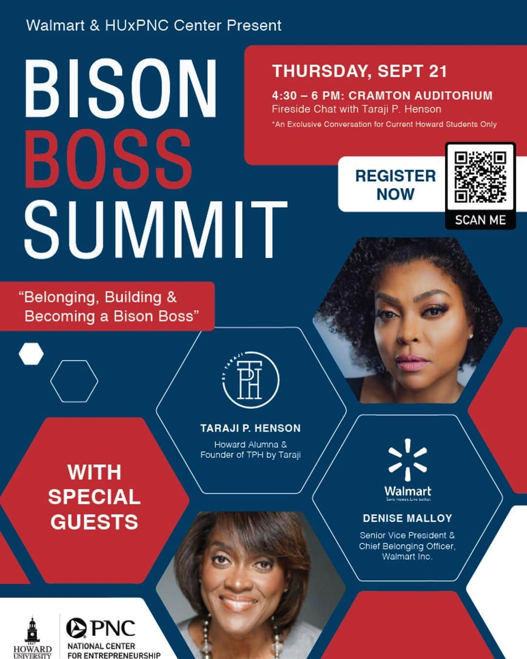 タラジ・P・ヘンソンのインスタグラム：「PULL UP Howard Students! Join us for the Bison Boss Summit on September 21st! A Fireside chat with myself and Walmart Senior VP Denise Malloy to discuss becoming an entrepreneur, taking up space, and building your foundation! I can’t wait to see you there ❤️💙#tphbytaraji #wewriteourownstory #TPHxHU #youbelong」