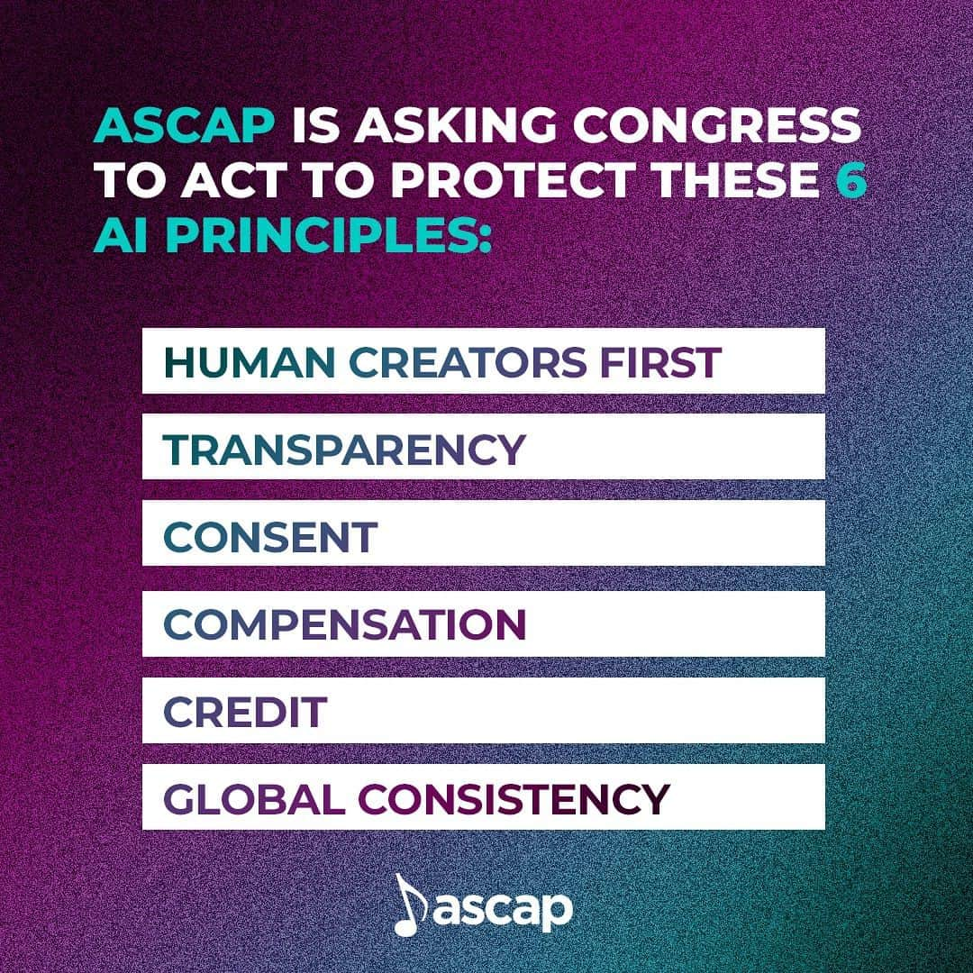 ASCAPさんのインスタグラム写真 - (ASCAPInstagram)「How can you #StandWithSongwriters and protect the value of music in the age of AI?   🗣️ Tell your member of Congress to ACT NOW to protect these principles in the age of AI. Link in bio.」9月22日 2時50分 - ascap