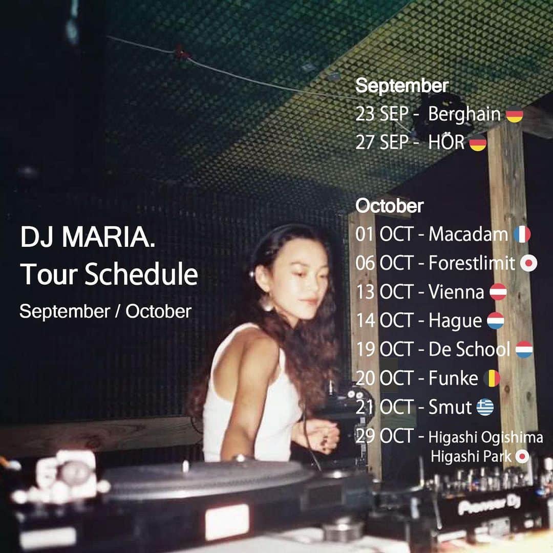 MARIA FUJIOKAのインスタグラム：「“I'm happy to be back in Europe again and I'll be playing in a lot of great events in September and October!!!  I'm really very very excited💜💜💜  I look forward to meeting everyone🌼💋See you there!  Contact panicos for bookings at @heed.agency 🫰”  Photo by @distorted.__   @berghain_ostgut @hoer.berlin @macadam_nantes @pipdenhaag @deschoolamsterdam @funke.fu @smutathens」