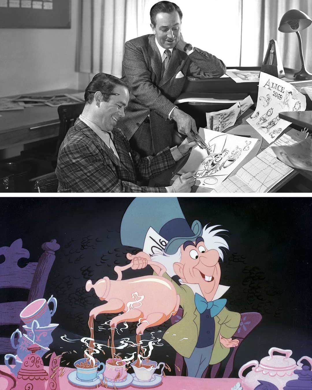 Disneyのインスタグラム：「It's tea time! 🫖 The 1951 animated classic Alice in Wonderland had been on Walt Disney’s mind since 1933. Can you name the legendary animator seen here drawing Mad Hatter? #Disney100 (📸: @WaltDisneyArchives)」
