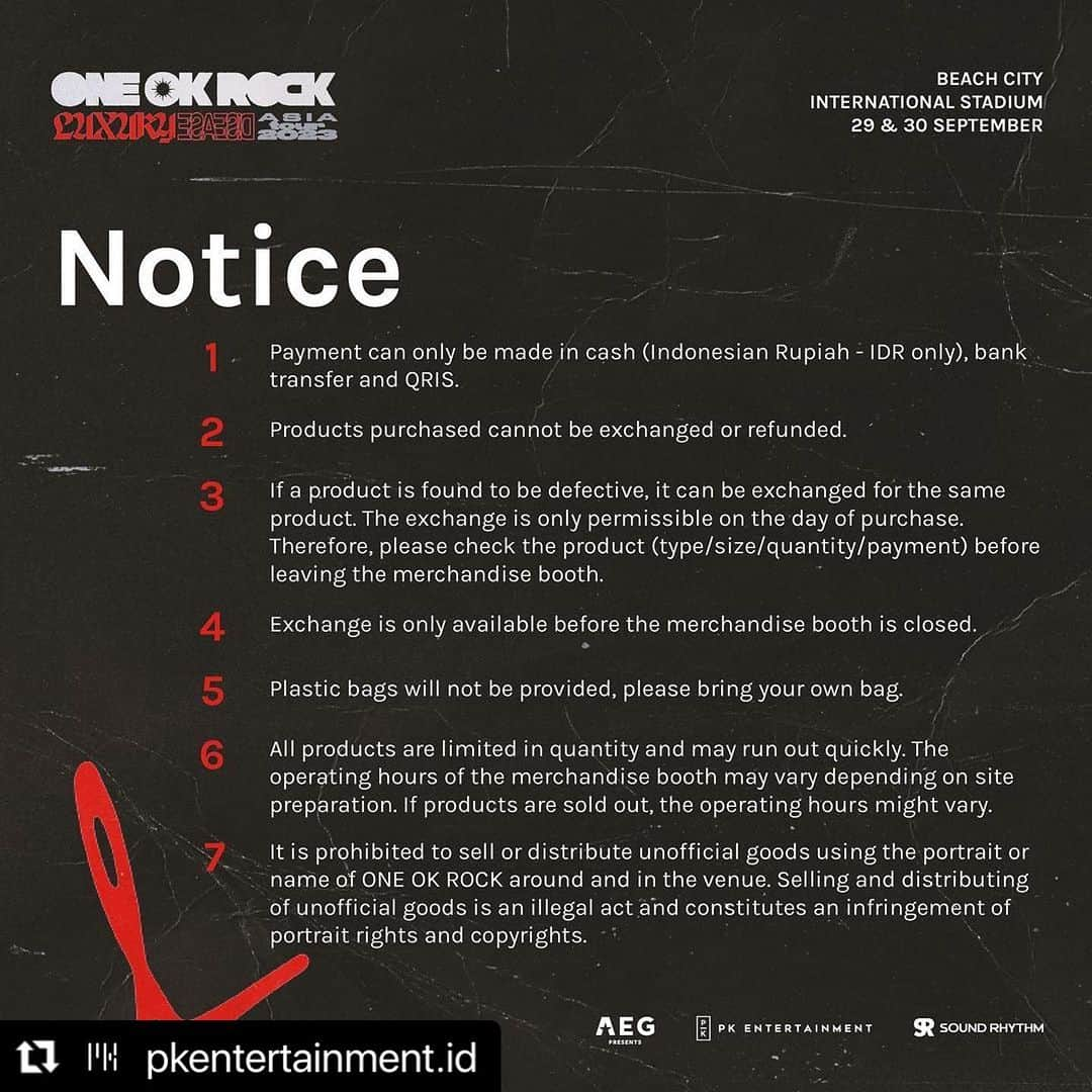 ONE OK ROCK WORLDさんのインスタグラム写真 - (ONE OK ROCK WORLDInstagram)「- ◇To Indonesian OORers,let's get ready for it!  #Repost @pkentertainment.id with @use.repost ・・・ Official merchandise details for the ONE OK ROCK Luxury Disease Asia Tour 2023 Jakarta. Make sure to get yours at the venue!   29-30 September 2023 Beach City International Stadium  See you there, OORers!  This show is promoted by @aegpresentsasia, @pkentertainment.id and @soundrhythm.  #OORinJakarta2023 - ※More details about comimg show is also uploaded on   @pkentertainment.id  @soundrhythm  @aegpresentsasia  - #oneokrockofficial #10969taka #toru_10969 #tomo_10969 #ryota_0809 #luxurydisease#luxurydiseaseasiatour2023」9月22日 14時06分 - oneokrockworld