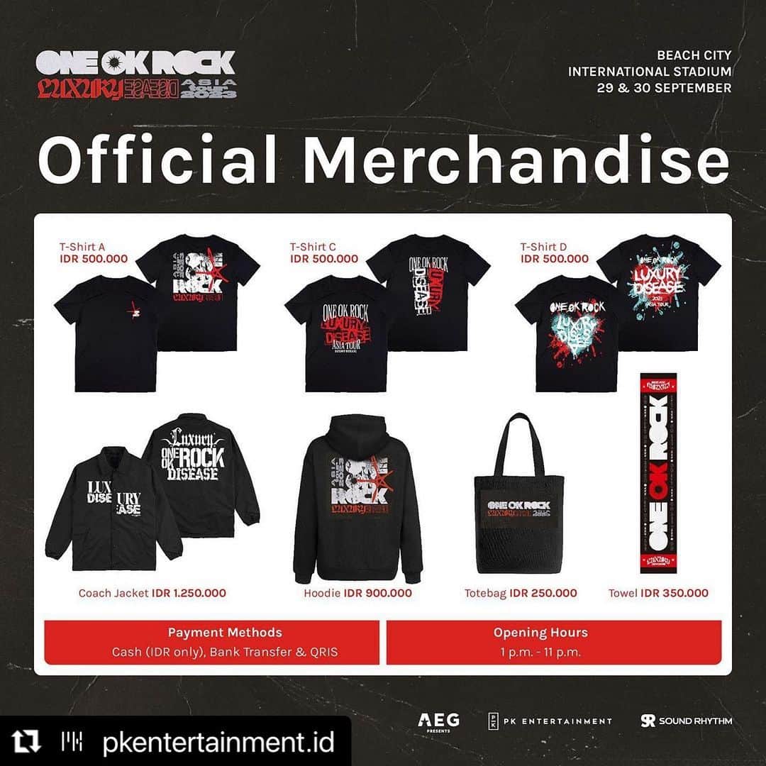 ONE OK ROCK WORLDのインスタグラム：「- ◇To Indonesian OORers,let's get ready for it!  #Repost @pkentertainment.id with @use.repost ・・・ Official merchandise details for the ONE OK ROCK Luxury Disease Asia Tour 2023 Jakarta. Make sure to get yours at the venue!   29-30 September 2023 Beach City International Stadium  See you there, OORers!  This show is promoted by @aegpresentsasia, @pkentertainment.id and @soundrhythm.  #OORinJakarta2023 - ※More details about comimg show is also uploaded on   @pkentertainment.id  @soundrhythm  @aegpresentsasia  - #oneokrockofficial #10969taka #toru_10969 #tomo_10969 #ryota_0809 #luxurydisease#luxurydiseaseasiatour2023」