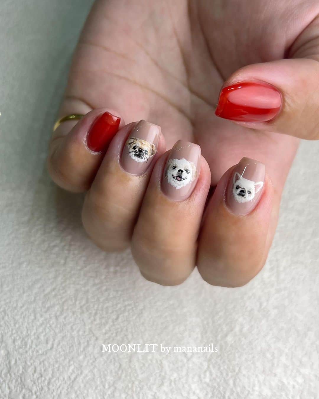 mananailsのインスタグラム：「🐶🐶🐶🐾❤️  片手は飼ってるわんこ3匹💕 片手はカラークリアフレンチ🍎  ☾180min(長さ出し)」