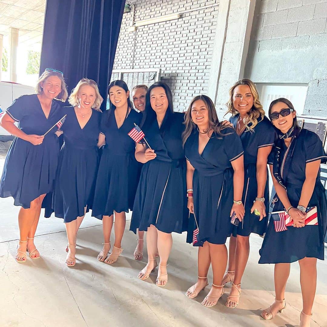 モーガン・プレッセルのインスタグラム：「Baby, let the games begin 🇺🇸  Special thank you to @foraygolfusa and boss babe @ninjamegatron for custom making these beautiful dresses for the Opening Ceremony! And to @dunninggolf for making sure our caddies look dapper!!  It’s time to go! ❤️🇺🇸❤️」