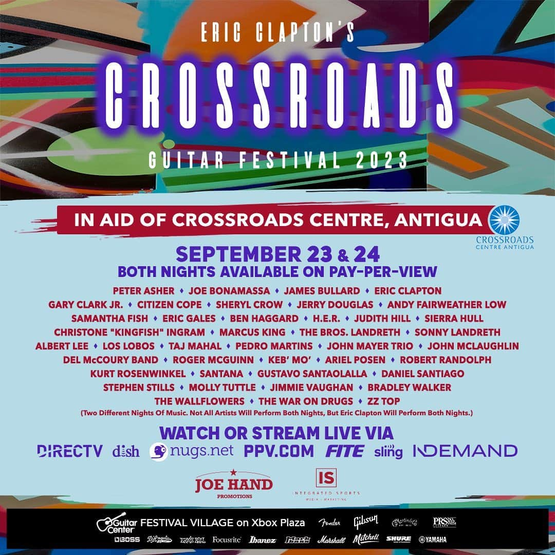 シェリル・クロウのインスタグラム：「THIS WEEKEND SEPTEMBER 23 & 24! Don’t miss an incredible lineup at @ericclapton’s Crossroads Guitar Festival 2023! Always one of my favorite gigs!  Watch both nights on pay per view for a special price - get more info at www.crossroadsguitarfestival.com  #crossroadsguitarfestival」