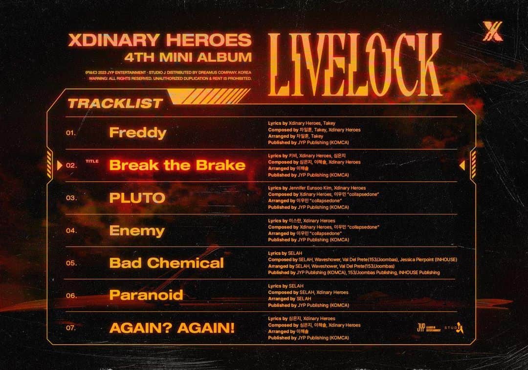 JYPエンターテインメントのインスタグラム：「⠀  Xdinary Heroes  <Livelock>  🔐Tracklist  ALBUM RELEASE🔻  2023.10.11 6PM (KST) 🏎 TITLE "Break the Brake"  #XdinaryHeroes #엑스디너리히어로즈  #Livelock #Break_the_Brake  #WE_ARE_ALL_HEROES #JYP」