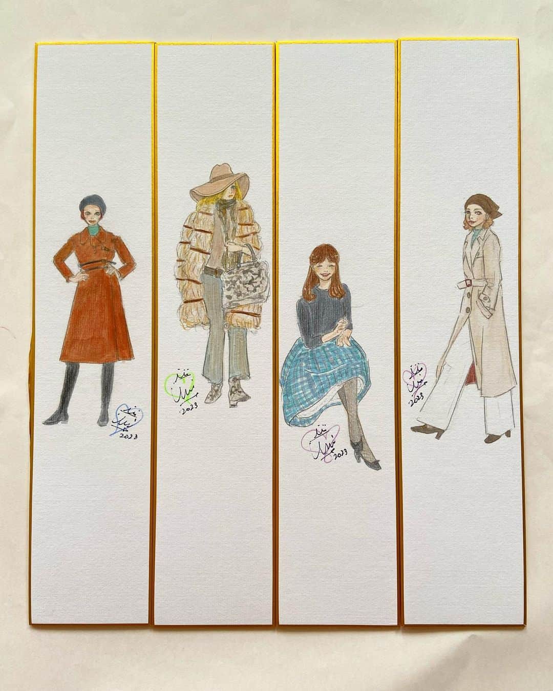 おおたうにのインスタグラム：「🎋ファッション短冊画 28〜31🎋  これで最後ー❣️ ほんとに「普通に欲しい（欲しかった）」あの頃のアイテムたち。 ロングブーツにチェックのスカートにトレンチコートに…。  あの頃は、まさか自分が「入るか入らないか」で服を選ぶようになるなんて、想像もしなかったナ☆  ✨ーーーーー  おおたうに個展 「GIRL! GIRL! GIRL!」 @galleryledeco   10/2(mon) -5(thu) 12:00〜19:00   6(fri)-7(sat) 12:00〜20:00  8(sun) 12:00〜17:00 （最終日は搬出のため夕方5時までです！）  という感じにしようかな？と思っております。  入場料500円でオリジナル缶バッジをプレゼント❣️ そのバッジを見せてくだされば、会期中何度でも入場できます〜！  全部新作❣️描き下ろしだらけ❣️ 短冊画、水彩画、アクリル画などなど展示予定です。 友人たちとの私物フリマもあるよ！ ハイブランドの靴など出るかも👠  ＆基本全日程終日在廊予定。 みんな会いに来てね😉  ✨ーーーーーーーーーーーー  #おおたうに展2023 #girlgirlgirl #fashionillustration #女優 #60sfashion #70sfashion #短冊画 #outauni #おおたうに」
