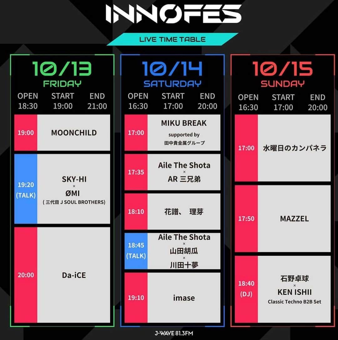 J-WAVE LIVE2000さんのインスタグラム写真 - (J-WAVE LIVE2000Instagram)「テクノロジーと音楽のクリエイティブフェス！タイムテーブル発表！  初日13日（金）は10月にオープンする注目の発信拠点、虎ノ門ヒルズ ステーションタワー のTOKYO NODE HALLで初開催！ 地上46階パノラマステージの極上空間で最先端のテクノロジーを駆使した音楽ライブのこけら落としライブ＆トークセッションを実施！ 14日（土）・15日（日）は六本木ヒルズアリーナにて新企画INNOFES TECH CAMPほか、最先端のトークやテクノロジーを駆使したライブをお届けします！  ソールドアウトしている日と券種がありますが、配信で見られる配信チケットもありますのでぜひ「イノフェス」のHPなどをチェック！  #イノフェス #DaiCE #MOONCHILD #ØMI #SKYHI #AileTheShota #池田瑛紗  #imase #花譜 #MIKUBREAK #理芽 #川田十夢 #宅見将典 #天文物理学者BossB #NazChris #堀井雄二 #石野卓球 #KENISHII #水曜日のカンパネラ #MAZZEL #安藤桃子 #上田慎一郎 #緒方恵美 #落合陽一 #小泉今日子 #近田春夫 #別所哲也 #ひろゆき #長谷川ミラ」9月22日 13時15分 - jwave_live