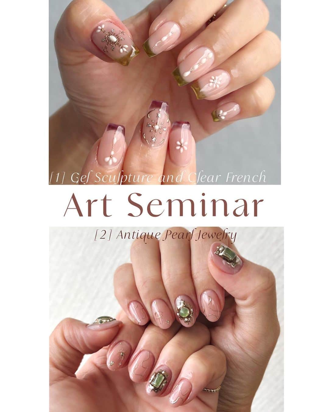 mananailsのインスタグラム：「お申込開始しました💖※ストーリーハイライトからお申込頂けます  Art Seminar💅🏼 in DMM本社オフィス 2023.10.23(月) ⑴10:00〜13:00 長さ出し＆クリアフレンチ ⑵14:00〜17:00 アンティークジュエリー  3年半ぶりの対面セミナーです🥹✨✨✨  コロナの影響によりオンラインセミナーや オンラインサロンが始まり オンラインはオンラインで便利だし大好評ですが、、、 やはりリアルセミナーのご要望を たくさんの方から頂いておりました🥹❤️‍🩹  やるなら対面だからこそ実際に見て触っもらって 直接細部やサイズまでしっかりと伝えたい✨✨✨ 今回は質問やリクエストの多いレッスンと 新作ジュエリーを1部2部にまとめました🫡  ⑴長さ出し＆クリアフレンチ 3h ・フォームのカットの仕方、フォームのはめ方 ・ジェルスカのコツ、時短技 ・ぼてっとしない美しいフォルム ・ガラスのようなクリアフレンチ  ⑵アンティークパールジュエリー 3h ・大きな石とパールを組み合わせたジュエリー ・リアルなジュエリーの組み立て方 ・リアルなパール ・ジュエリー以外の指のアートの合わせ方  MOONLITではジェルスカ、クリアフレンチ、 ジュエリーアートは季節問わずとても人気✨ プライベートレッスンでもリクエストの多い セミナー内容です💅🏼 素早いジェルスカにはコツがあります❤️‍🔥 ジュエリーアートもどんどん進化しています❤️‍🔥  セミナーでは受講者様の作品を見て回り、 直接アドバイスもさせて頂きます！ 長さ出しは相モデルで練習をします。 長さ出しやクリアフレンチ、ジュエリーアートの苦手な方、 スキルアップしたい方は是非ご受講くださいね♡  当日はEL MOON商品、ベッドスキンシリーズ新色もご購入頂けます✨ ※ストーリーハイライトからお申込頂けます ※ 人数制限がございますのでお申し込みはお早めにお願いいたします」