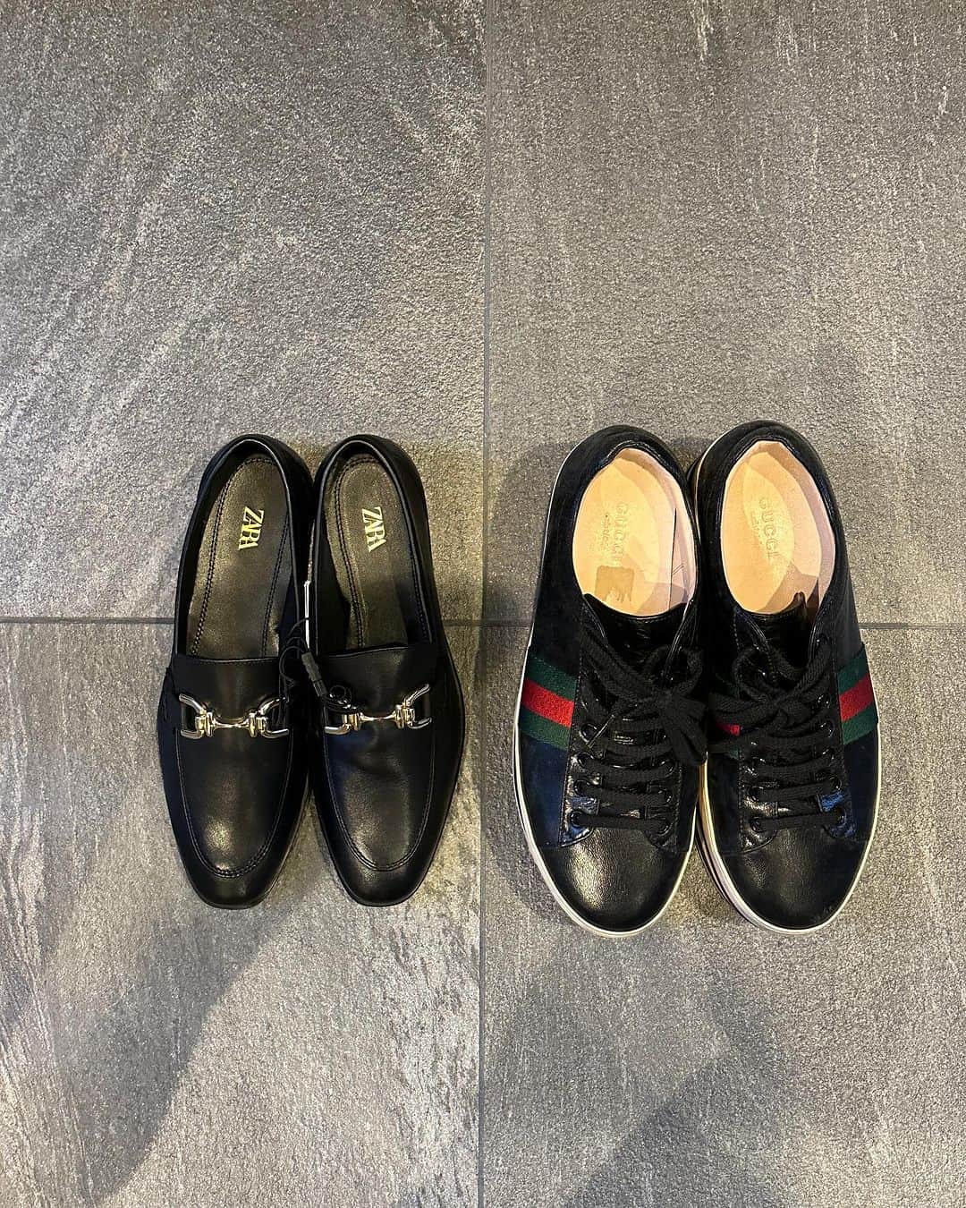 のインスタグラム：「. #1in1out  #一つ買ったら一つ手放す  IN @zara  OUT @gucci  2〜3年前めっちゃ履いた靴👞 　 このZARAのローファーはとても軽く ソフトリアルレザーで履きやすいです☺️  年的に重い靴がしんどくなってきたので 軽い靴に買い換えられて嬉しい💕」