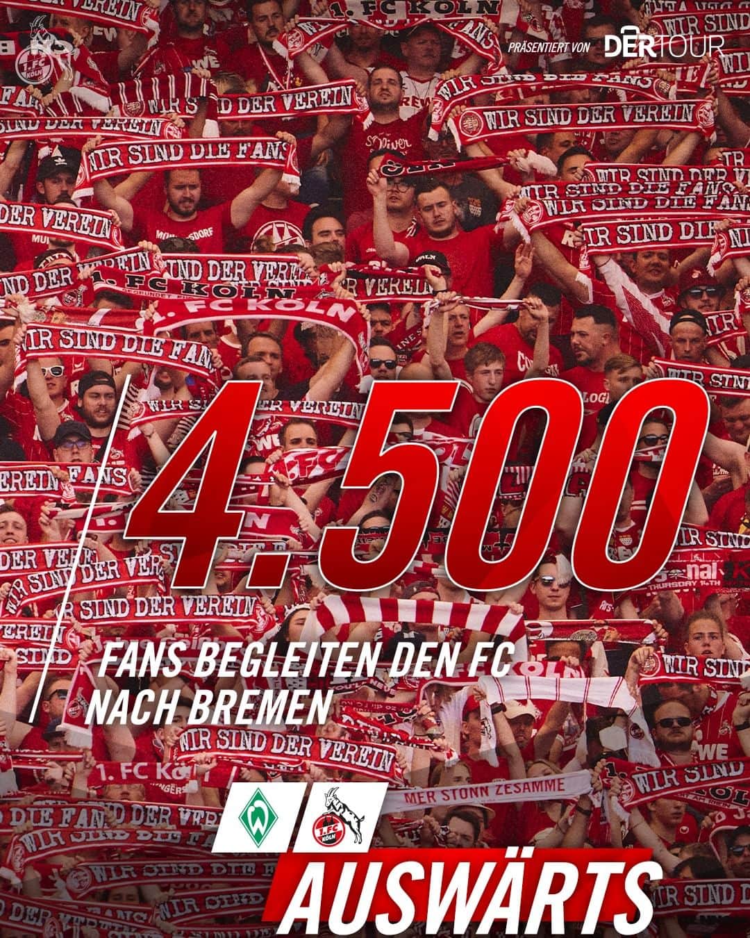 1.FCケルンのインスタグラム：「𝟒.𝟓𝟎𝟎 #effzeh-Fans fahren mit nach Bremen. 😍🙏 ____ FC on Tour wird präsentiert von @dertour_de | #SVWKOE」