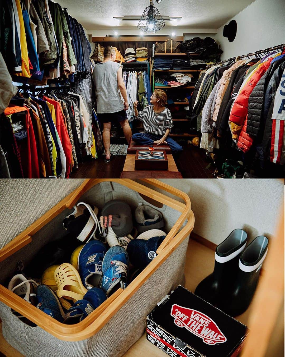ZERO-CUBE+FUNさんのインスタグラム写真 - (ZERO-CUBE+FUNInstagram)「. 天井から床までびっしりと洋服が詰まった衣装部屋。 家のいたるところに収納があり、まさに洋服に囲まれながら暮らしている。  @overlap.clothing @inabamarie @mizunoryohei  ファッションが大好きな夫婦の部屋づくりのコツを聞いた。  記事は @lifelabel_official プロフィールから。  #lifelabel #ライフレーベル #lifelabelmagazine #houseisentertainment #Lmag  #暮らし #暮らしを楽しむ #収納 #スニーカー好き #スニーカー #インテリア #家づくり #古着屋 #理想の部屋 #服好き #ウォークインクローゼット #収納アイデア #収納棚 #スニーカー好き集まれ #収納力 #収納術 #服が好き #衣装部屋 #スニーカー収納 #壁掛けアート #洋服が好き #overlapclothing」9月22日 19時51分 - lifelabel_official