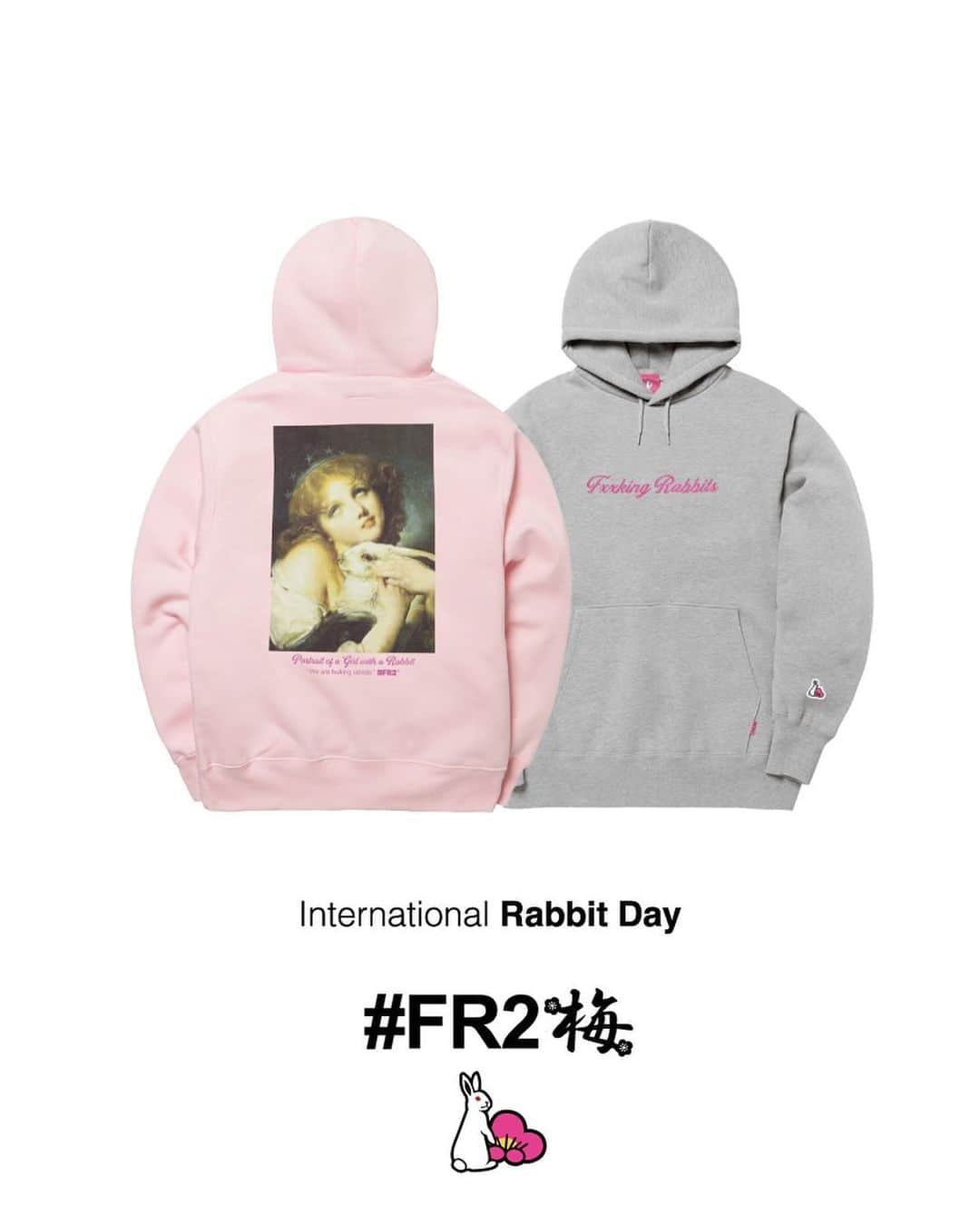 #FR2梅(UME)のインスタグラム：「"International Rabbit Day"  We will be selling the following products starting on 2023/9/23(Sat).  2023/9/23(Sat)より下記の商品を発売します。  ▪️Think of a rabbit Hoodie  #FR2梅 Exclusive  #FR2 #fxxkingrabbits #頭狂色情兎 #FR2梅 #nosexualservices #internationalrabbitday」
