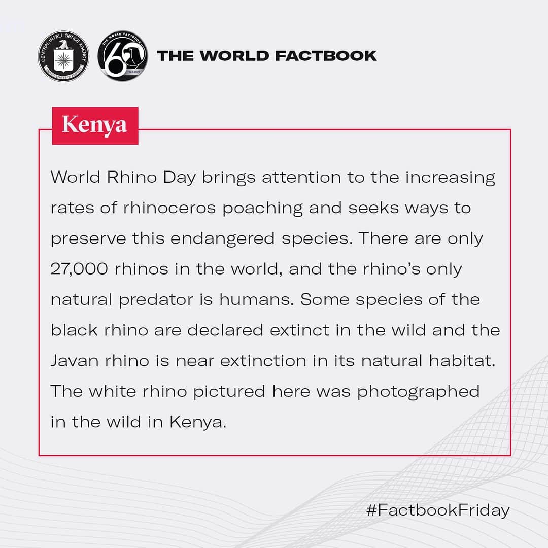 CIAさんのインスタグラム写真 - (CIAInstagram)「#DYK today is World Rhino Day? With only 27,000 rhinos remaining in the world, this day brings attention to the increasing rates of rhinoceros poaching and seeks ways to preserve this endangered species.  #FactbookFriday #WorldFactbook #Kenya」9月22日 22時14分 - cia