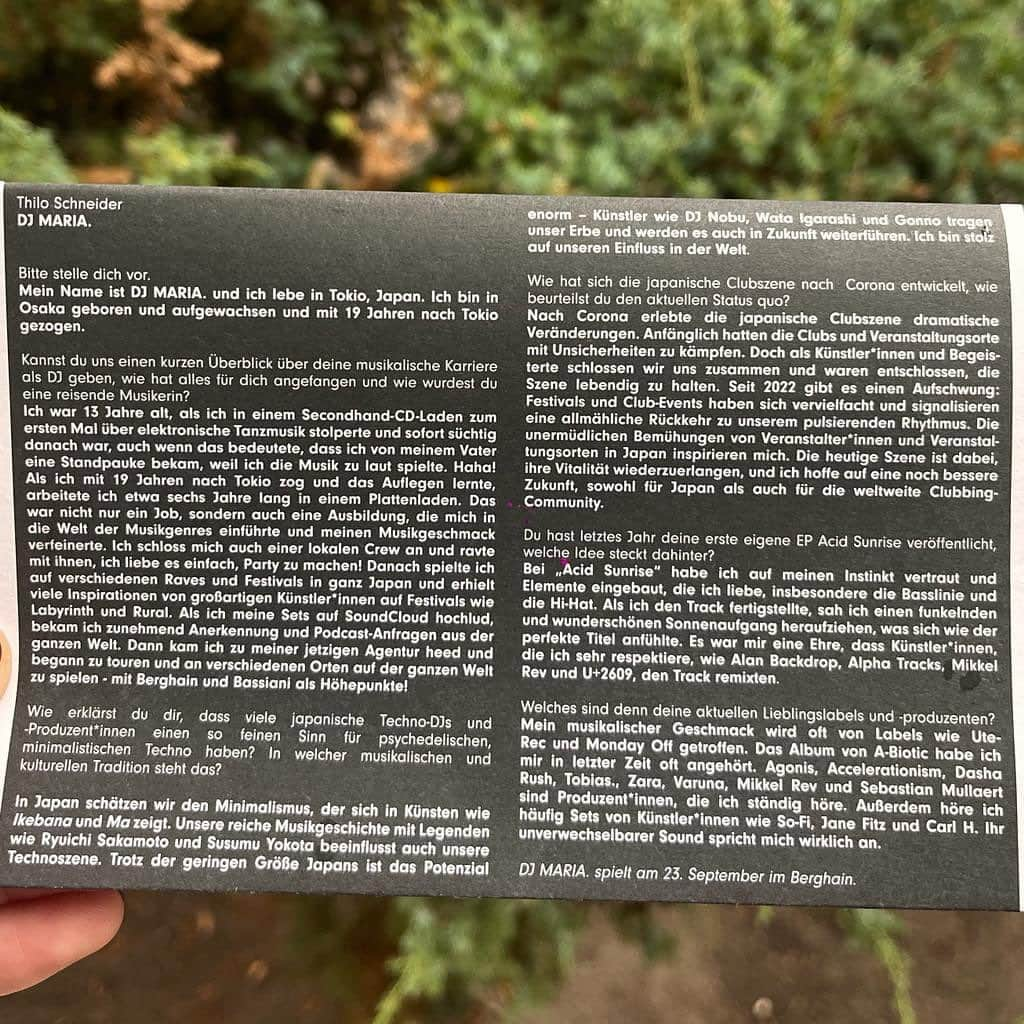 MARIA FUJIOKAさんのインスタグラム写真 - (MARIA FUJIOKAInstagram)「Maria is back in #Berlin for @berghain_ostgut with amazing company ⚡️  Interview on the monthly flyer and some stunning words from @thilo_andreas_schneider on the event’s description 🙏  Arigato 🫰#trancebutnottrance ——— 🏴󠁧󠁢󠁥󠁮󠁧󠁿 English Version of Interview in Link in Bio @heed.agency」9月22日 22時56分 - mariasatelles