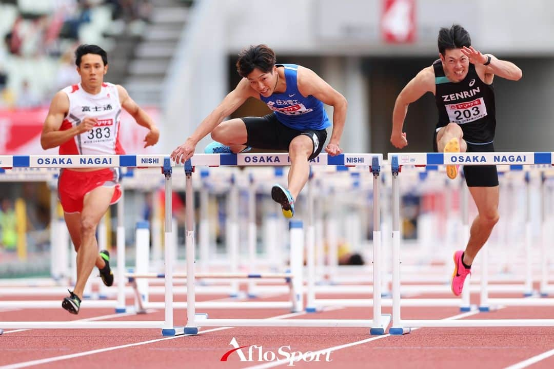 アフロスポーツのインスタグラム：「石川周平/Shuhei Ishikawa,  泉谷駿介/Syunsuke Izumiya,  高山峻野/Shunya Takayama,  JUNE 4, 2023 - Athletics :  The 107th Japan Track & Field National Championships  Men's 110mH Final  at Yanmar Stadium Nagai in Osaka, Japan.   Photo: @naoki_photography.aflosport  #sportphoto #sportphotography #スポーツ写真」