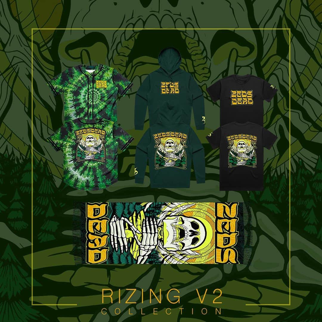 Zeds Deadのインスタグラム：「RIZING V2 COLLECTION JUST DROPPED! All new baseball jerseys, hoodies, t-shirts and pashminas available now!  Merch link in bio or head to SHOP.ZEDSDEAD.NET」