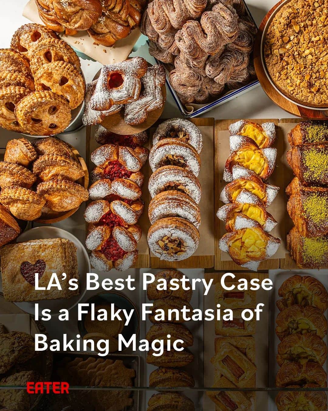 Eater LAのインスタグラム：「“I bake six days a week,” says Friends and Family owner Roxana Jullapat as she buzzes between tasks early on a recent Saturday morning. She’s been up for a quarter of a day already, and the front door isn’t even open for customers yet. Her white baking outfit is flecked with sugar, filling, and flour. On weekends, the baking starts with Jullapat alone, turning on ovens and twisting her apron knot at 1 a.m. sharp. “People often wonder, ‘Do you really have to do the morning bake?’ Well yes, because I opened a bakery to bake."  At Friends & Family (@wearefriendsandfamily), the anchor East Hollywood bakery and restaurant, the story of the pastry case reads more like a Greek epic. Spread across more than 40 unique baked goods each Saturday and Sunday morning, the shop’s ample glass box bursts with decisions made weeks ago and produce used at peak ripeness. It is, perhaps, the biggest and best non-chain-restaurant pastry case anywhere in LA.  Click on the link in bio to read about the best place for baked goods in Los Angeles, written by Eater LA senior editor Farley Elliott (@overoverunder).  📸: @wonhophoto」
