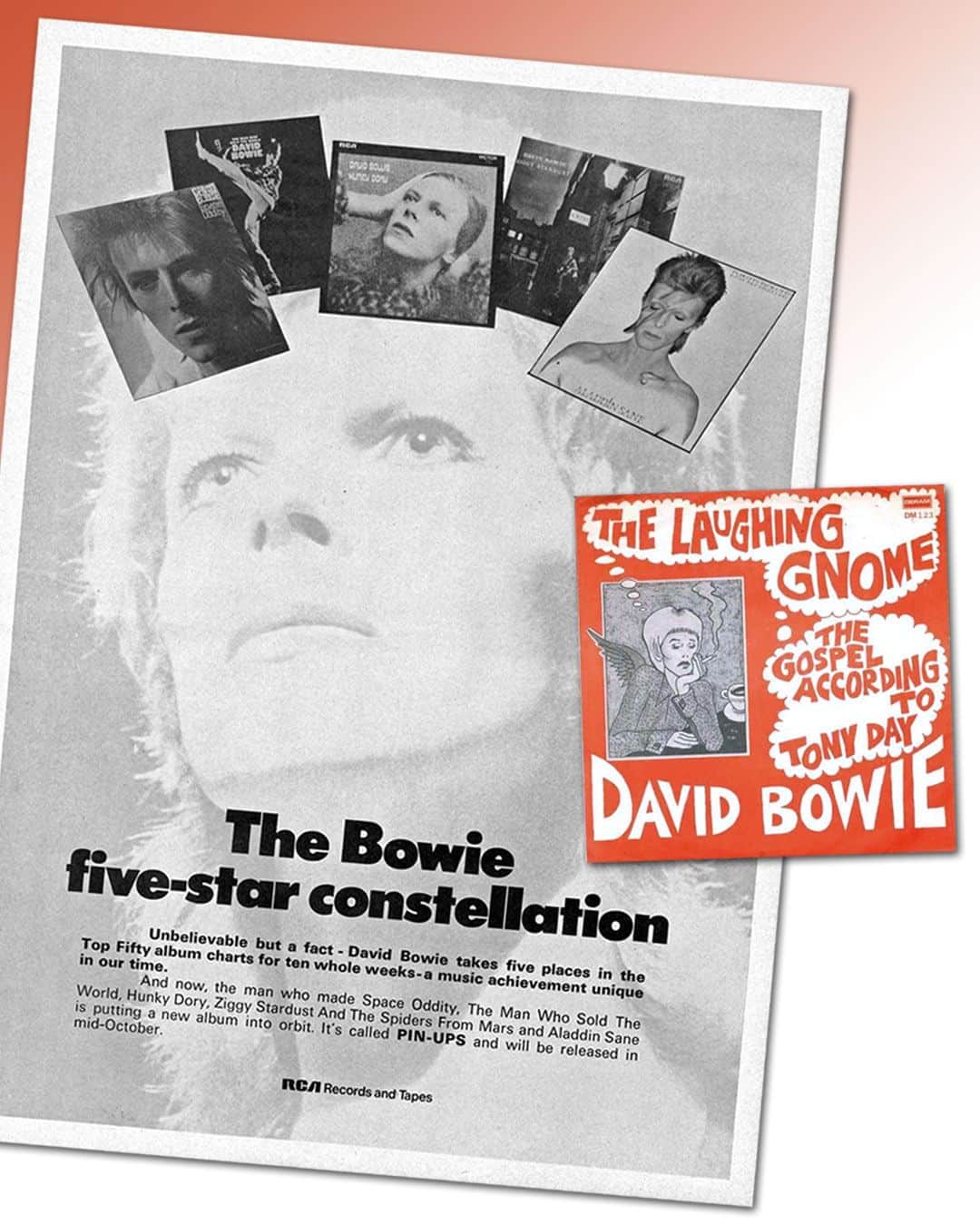 デヴィッド・ボウイさんのインスタグラム写真 - (デヴィッド・ボウイInstagram)「BOWIE’S UNIQUE ACHIEVEMENT - PART 1  “I look to the stars…”  Fifty years ago today, full-page adverts were published in the music weeklies and trade mags to mark Bowie’s extraordinary performance on the UK album charts.  With the appearance of the ‘The Bowie five-star constellation’ advert (see second image), it was clear that RCA was more than happy with the way things were going for David Bowie.   Here’s the wording from that advert:  + - + - + - + - + - + - + - + - + - + - + - + - + - + - +  The Bowie five-star constellation  Unbelievable but a fact - David Bowie takes five places in the Top Fifty album charts for ten whole weeks - a musical achievement unique in our time.  And now, the man who made Space Oddity, The Man Who Sold The World, Hunky Dory, Ziggy Stardust And The Spiders From Mars and Aladdin Sane is putting a new album into orbit. It’s called PIN-UPS and will be released in mid-October.  + - + - + - + - + - + - + - + - + - + - + - + - + - + - +  Things got even crazier with the release of Pin Ups in October, but that’s a whole other story.  The colour image here was one of Mick Rock’s live shots. Often mislabelled as a photo from the final show of the tour at Hammersmith on 3rd July, it isn’t. It was most likely taken at the previous performance at the same venue on the 2nd July.   Aside from an adjacent frame being the background image for the advert, the picture in the advert also ended up on the back sleeve of Pin Ups. But that’s a whole...  Finally, as the Life On Mars? 45 slid out of the UK singles chart, a little old man in scarlet and grey was ascending the same on his way to #6. But that’s...  FOOTNOTE: The sleeve for The Laughing Gnome that appears on the second slide is the 1973 Danish release which contained the UK pressing. There was no picture sleeve in the UK.   📸 Mick Rock  #Bowie5StarConstellation #AladdinSane50 #BowiePinUps50 #Bowie2023Anniversaries」9月23日 6時27分 - davidbowie