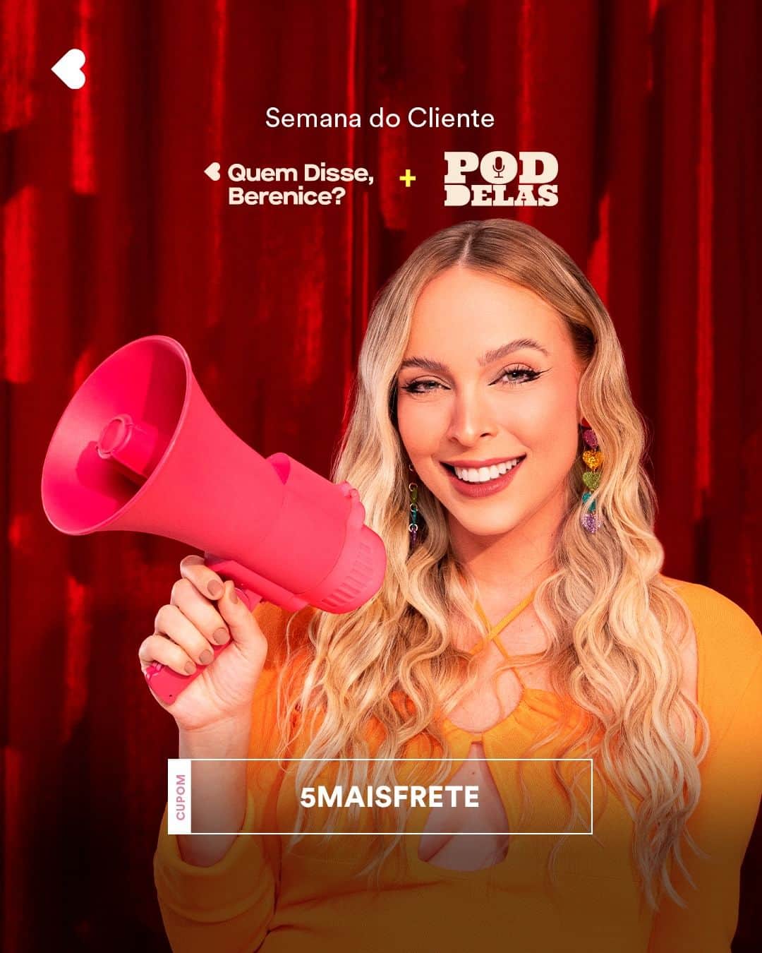 quem disse, berenice?のインスタグラム：「atenção, gatinhas! últimos dias pra aproveitar a nossa Semana do Cliente #QDBComPodDelas. Ganhe 5 amostras em compras acima de R$99 + Frete Grátis na compra de produtos da linha Poddelas! (válido do dia 22/09 a 24/09)  #PraTodosVerem: o post é único com uma cortina vinho de fundo e uma foto da Tata com um auto falante na mão e o texto: "Semana do Cliente // Cupom: 5MAISFRETE". Fim da descrição.」