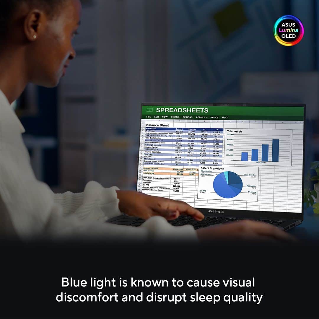 のインスタグラム：「Protect your eyes from harmful blue light with ASUS Lumina OLED laptops! Certified by TÜV Rheinland and SGS, these laptops emit up to 70% less harmful blue light — a known cause of visual discomfort and disrupted sleep. #ASUSLuminaOLED」