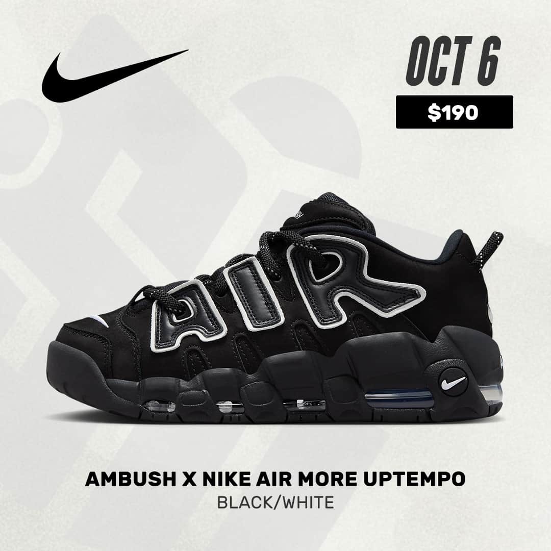 Sneaker Newsのインスタグラム：「#SNReleaseAlert : The AMBUSH x NIie Air More Uptempo "Black/White" is set to launch on October 6th for $190! Tap the link in our bio for more details on the latest collaboration by Yoon.」