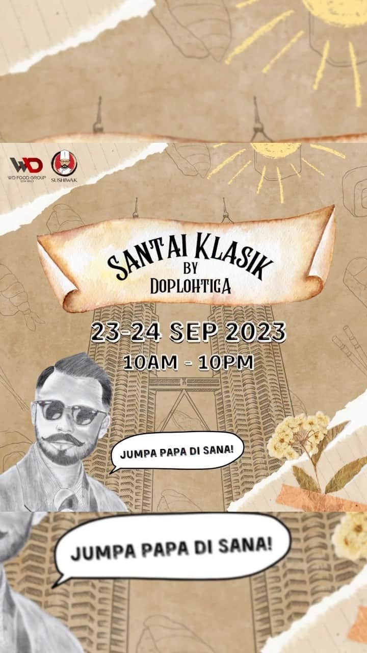 Wak Doyokのインスタグラム：「Jom romen2 dekat MATIC ada event papa Santai Klasik. Ada pameran moto dan kereta klasik. Boleh OOTD, pakailah segak sikit mcm dlm movie P.Ramlee. Kita makan @sushiwakmalaysia sambil tenung KLCC. Semua dijemput hadir sebab Papa hadir hari ni dan esok. Jumpa anda disana!   #GentlemenDrive2023 #santaiklasikbydoplohtiga」