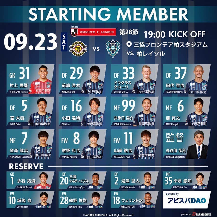 アビスパ福岡のインスタグラム：「🏆明治安田生命J1リーグ第28節🏆 #柏レイソル 🆚 #アビスパ福岡 ⏰19:00KO 🏟#三協F柏  本日のメンバーが発表されました🐝 熱い応援をよろしくお願いします‼️  #avispa」