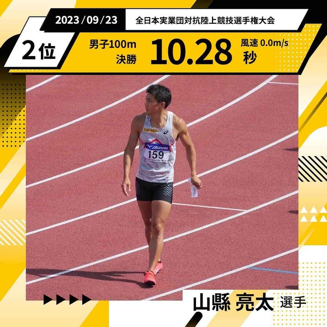 セイコースポーツのインスタグラム：「【#山縣亮太 選手】  全日本実業団対抗陸上競技選手権大会 男子100m 決勝  山縣亮太  2着 10.28(0.0)  山縣選手へのご声援ありがとうございました❗️ 引き続き応援よろしくお願いします✨  #TeamSeiko #Seiko #trackandfield #athletics #陸上 #陸上選手 #陸上部 #陸上男子 #短距離 #100m #ランニング #スポーツ #sport #アスリート #athlete #セイコー #seiko」