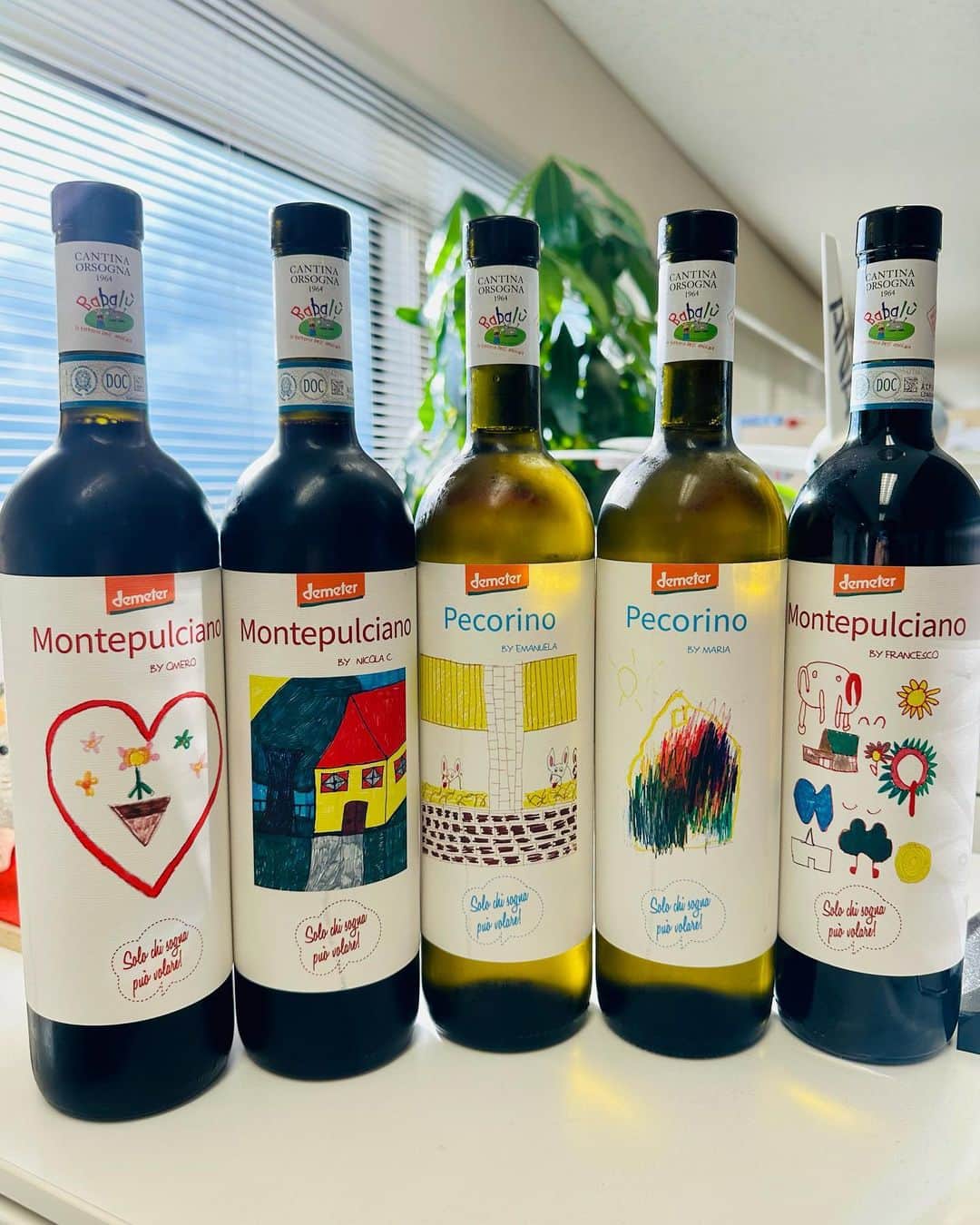 のインスタグラム：「ナチュラルワイン飲むなら《Babalù ババル 》 Only those who dream can fly! 描いた夢は叶う！ 🇮🇹ババル・白ペコリーノ・赤モンテプルチーアノ　オーガニック2022 18人の子供の夢をラベルにしたイタリアのナチュラルワイン 18本.18種類の絵のボトル。欠品も有り結構探すの大変…なんとか６本はGET 恵比寿ガーデンプレイスB1でも購入可能　@winemarketparty_yebisu 何らかの問題を抱えた子供たちの農場学校Babalùと協力して行っている社会的プロジェクト。困難に直面している子供たちが自身の夢をワインのラベルに描いています。 《インポーター資料より抜粋》 Babalù学校農場を運営する社会共同組合イル・ソーレは、1999年に設立され、社会一般の利益の追求、人間性の促進、特に精神・身体・知覚に障害を持つ人々の支援を目的としています。 この目的のために、協同組合は社会支援と教育サービス、特に障害者を対象とした家庭や学校での活動を提供しています。 ■18人の子供たちの夢を描いたラベルです。それは彼らの夢でもあり、日常でもあります。18種類のラベルがありランダムに貼られています。 またコルクを見てみると彼らの夢が文字で書かれています。 ■デメテール、ユーロリーフを始め、ヴィーガンフレンドリーなど各種認証を取得しています。 ■売上金の一部が寄付されます。このワインを購入すること、そして飲むことによって彼らの農場の活動を後押しし、社会貢献につながります。」