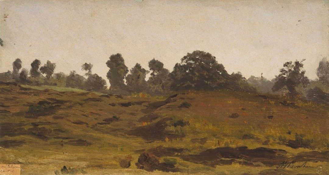 のインスタグラム：「Wishing you a happy #FallEquinox! 🍂⁠ ⁠ With changing leaves and gray-blue skies come later sunrises and earlier sunsets in the season ahead. It brings to mind the landscapes depicted in Auguste-François Bonheur’s paintings. ⁠ ⁠ Unique to Bonheur’s paintings are the handwritten labels affixed to the corners of his sketches, which identify the regions of the French countryside where they were made. If you look closely, you’ll also see tiny holes in their corners, which suggest that he pinned his sheets of paper to a board while sketching outside.⁠ ⁠ The two works, shown here, are currently on view on the fifth floor in Monet to Morisot: The Real and Imagined in European Art. ⁠ ⁠ 🖼️Auguste-François Bonheur (Bordeaux, France, 1824–1884, Meudon, France). View of a Field, early 1850s. Oil on paper. Brooklyn Museum, Healy Purchase Fund B, 1993.123.2 (Photo: Brooklyn Museum) → Auguste-François Bonheur (Bordeaux, France, 1824–1884, Meudon, France). Marshlands, mid 1850s. Oil on paper. Brooklyn Museum, Healy Purchase Fund B, 1993.123.3 (Photo: Brooklyn Museum)⁠」