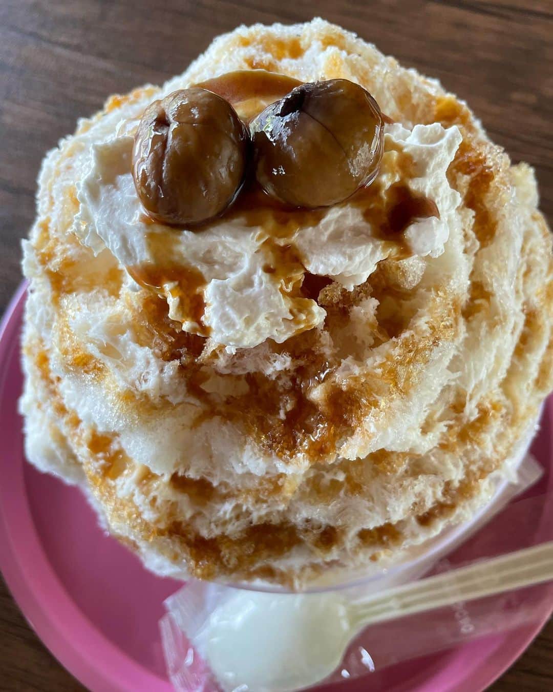星野涼子さんのインスタグラム写真 - (星野涼子Instagram)「びっくりするくらい急に涼しくなりましたねぇ🍂 秋の始まりかな🍁 秋らしい話題を🙂  栗つぶかき氷  中に栗ペースト→抹茶ソース→栗の赤ワイン煮ソース→栗の渋皮煮！！？？ 食べ進めるたびに写真撮りたくなっちゃうデザイン！！ どんどん進化していくこのかき氷を追いかけ続けたい🥰  次男と競うように溶けた最後の一滴まで2人で飲み干した😝  #karin #かき氷　#氷活　#栗　#渋皮煮　#秋　#2歳　#男の子ママ　#shavedice #아들 #아들맘 #아들스타그램 #빙수 #手嶌葵　#森の小さなレストラン」9月23日 22時51分 - ryoko.hoshino
