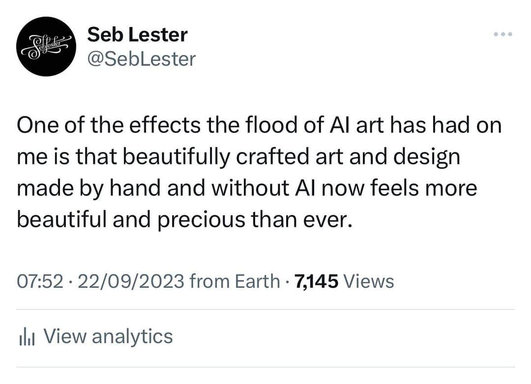 Seb Lesterのインスタグラム：「It’s the strangest thing. And however beautiful & sophisticated AI art gets I can’t imagine that changing. Is it because the art and design I love feels threatened? Is it an emotional attachment to process? Am I naively romanticising human creativity? Perhaps, but I think it’s more fundamental than that. Maybe it’s something to do with a function of art being human connection? #aiart #handmadeart」